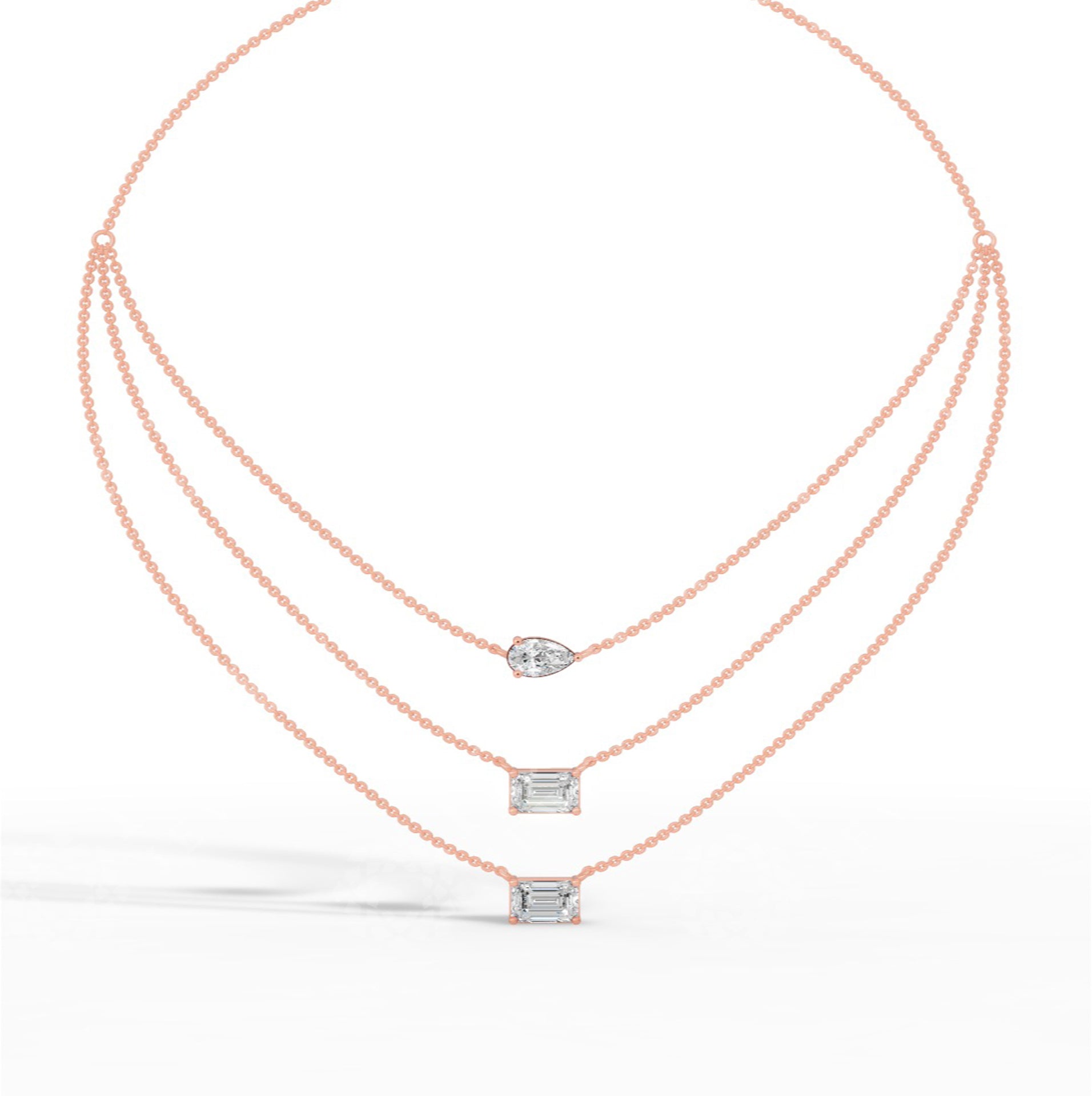 Triple Layered Necklace In Emerald & Pear Cut 18K Rose Gold 3.8