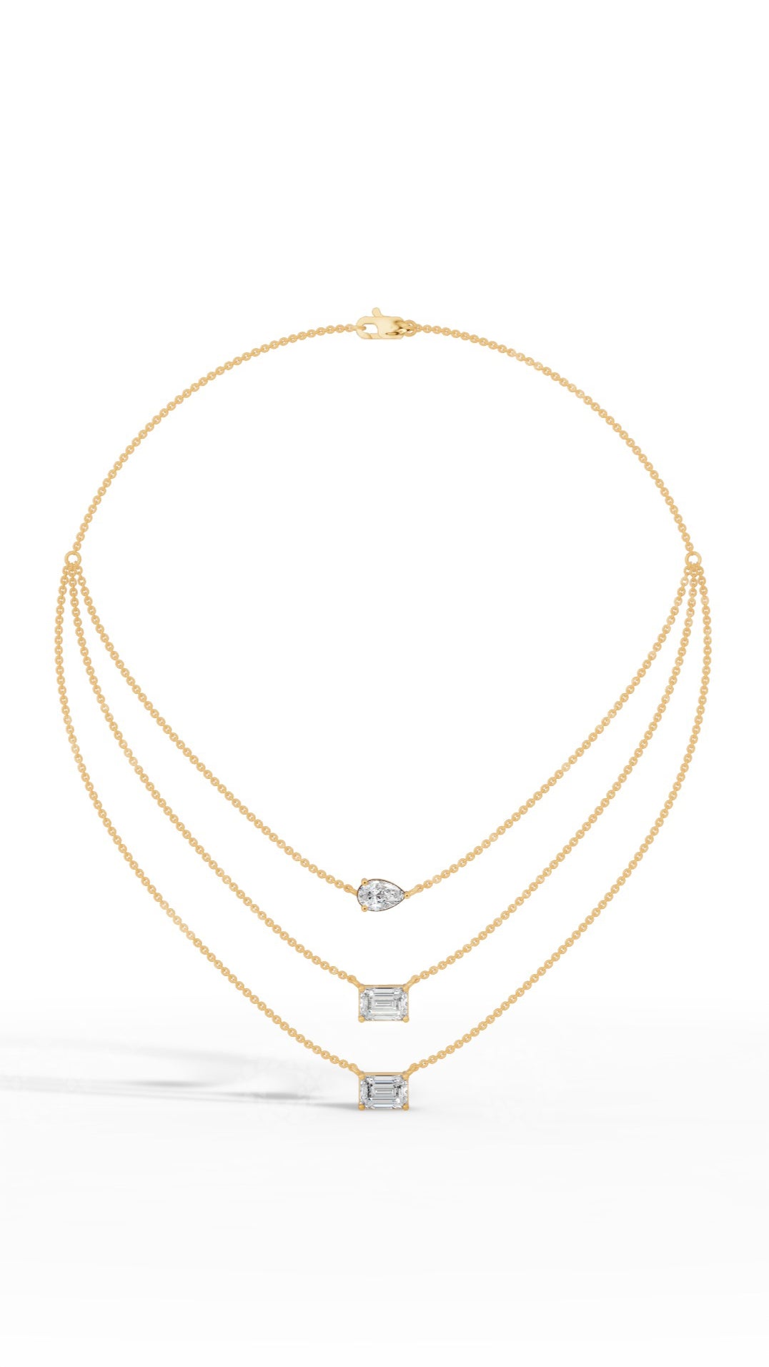 Triple Layered Necklace In Emerald & Pear Cut 18K Yellow Gold 3.8 CTW