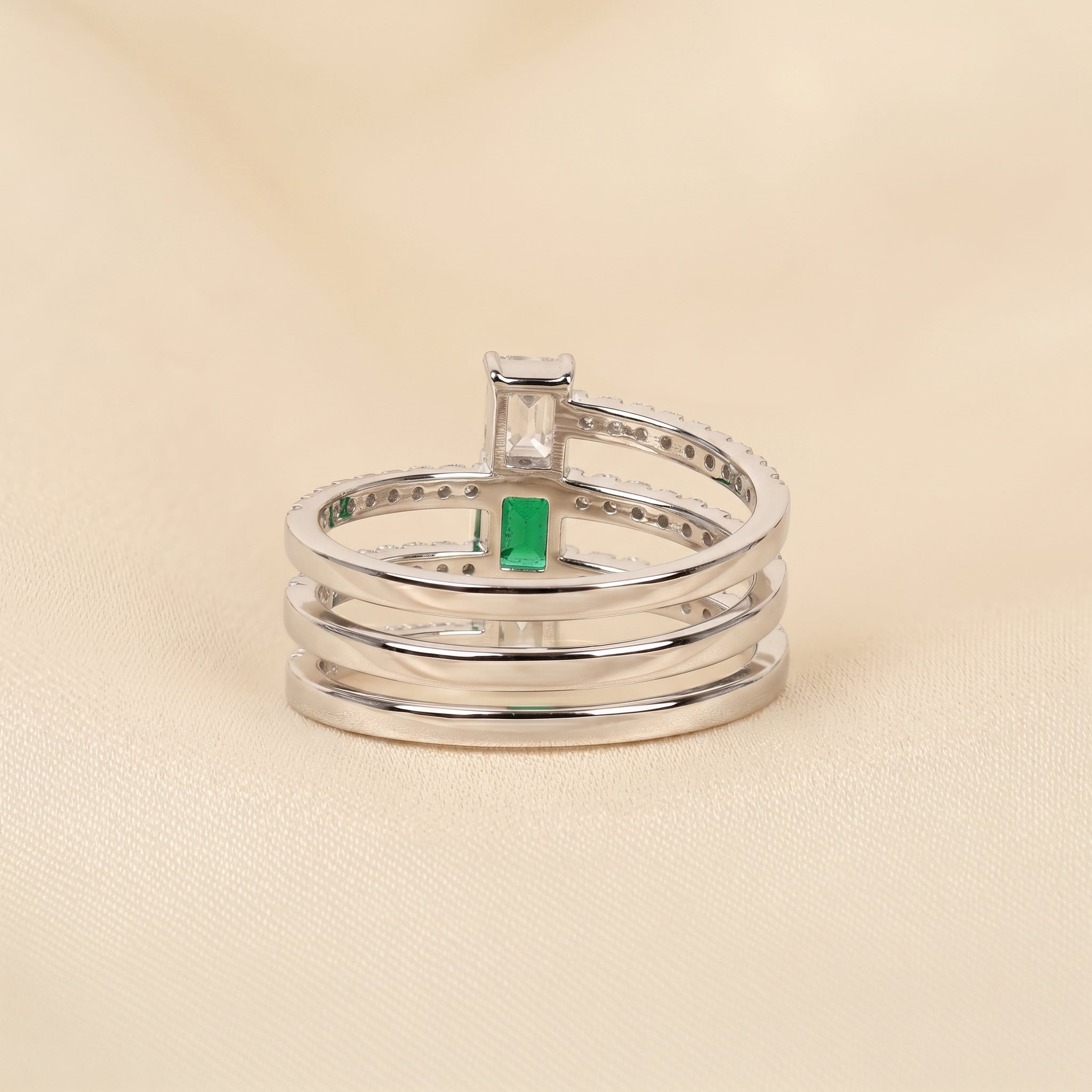 Triple Row Green Emerald Cut Lab Grown Diamond Semi Eternity Ring in 10K White Gold 1.50 CTW