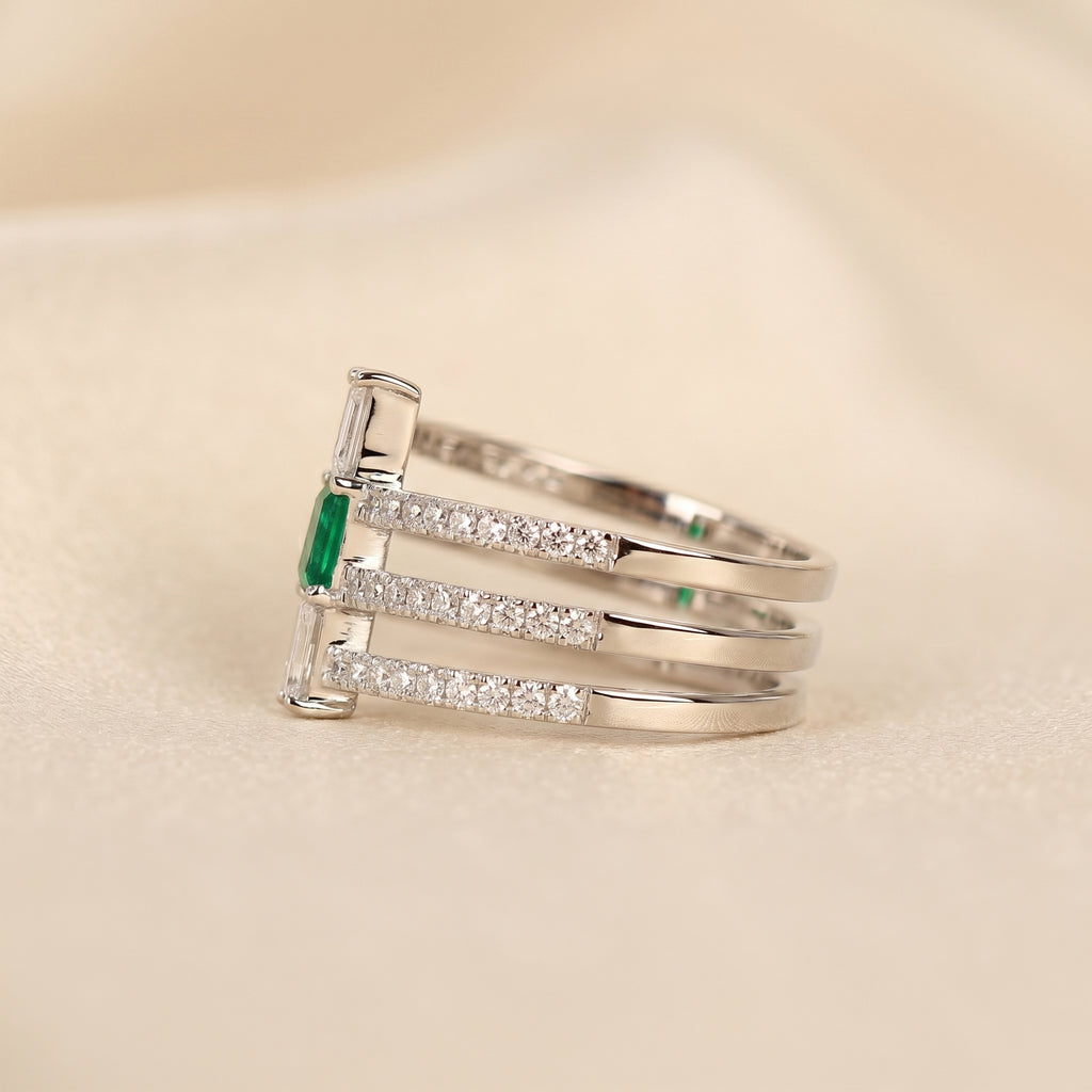 Triple Row Green Emerald Cut Lab Grown Diamond Semi Eternity Ring in 10K White Gold 1.50 CTW