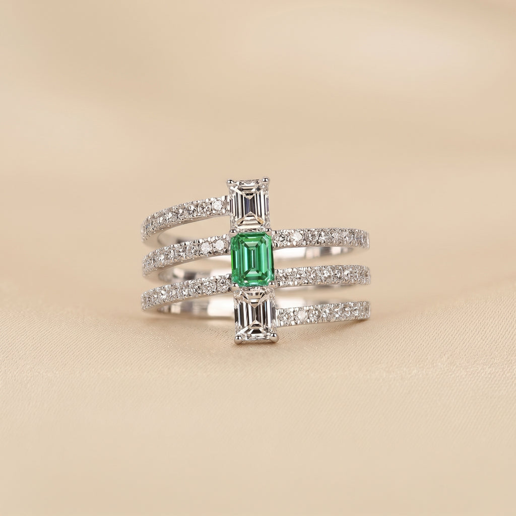 Triple Row Green Emerald Cut Lab Grown Diamond Semi Eternity Ring in 10K White Gold 1.50 CTW