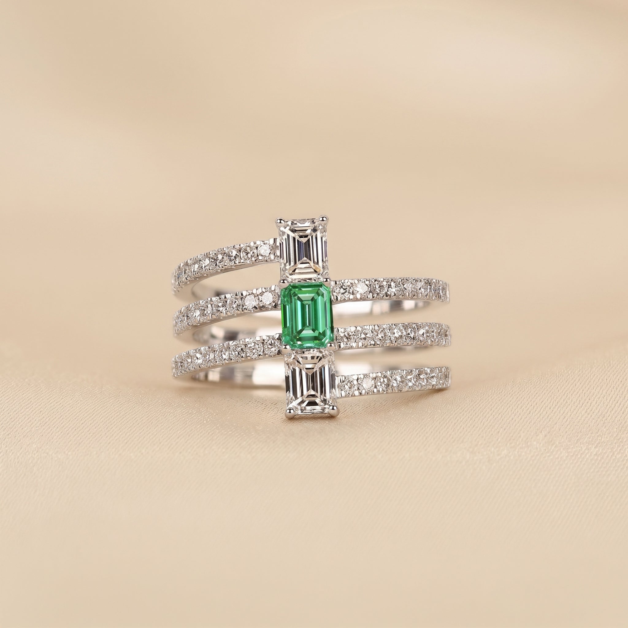 Triple Row Green Emerald Cut Lab Grown Diamond Semi Eternity Ring in 10K White Gold 1.50 CTW