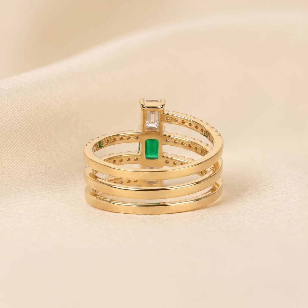 Triple Row Green Emerald Cut Lab Grown Diamond Semi Eternity Ring in 10K Yellow Gold 1.50 CTW