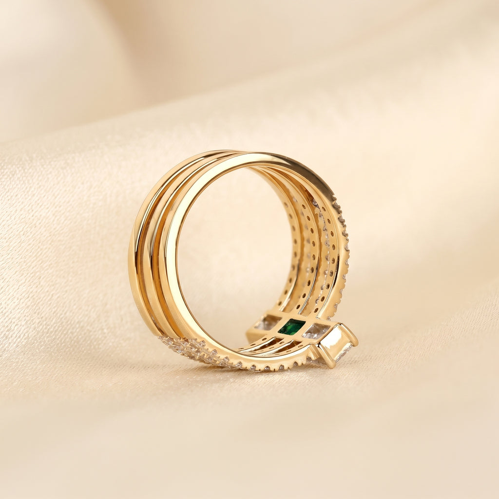 Triple Row Green Emerald Cut Lab Grown Diamond Semi Eternity Ring in 10K Yellow Gold 1.50 CTW