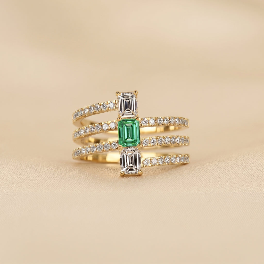 Triple Row Green Emerald Cut Lab Grown Diamond Semi Eternity Ring in 10K Yellow Gold 1.50 CTW