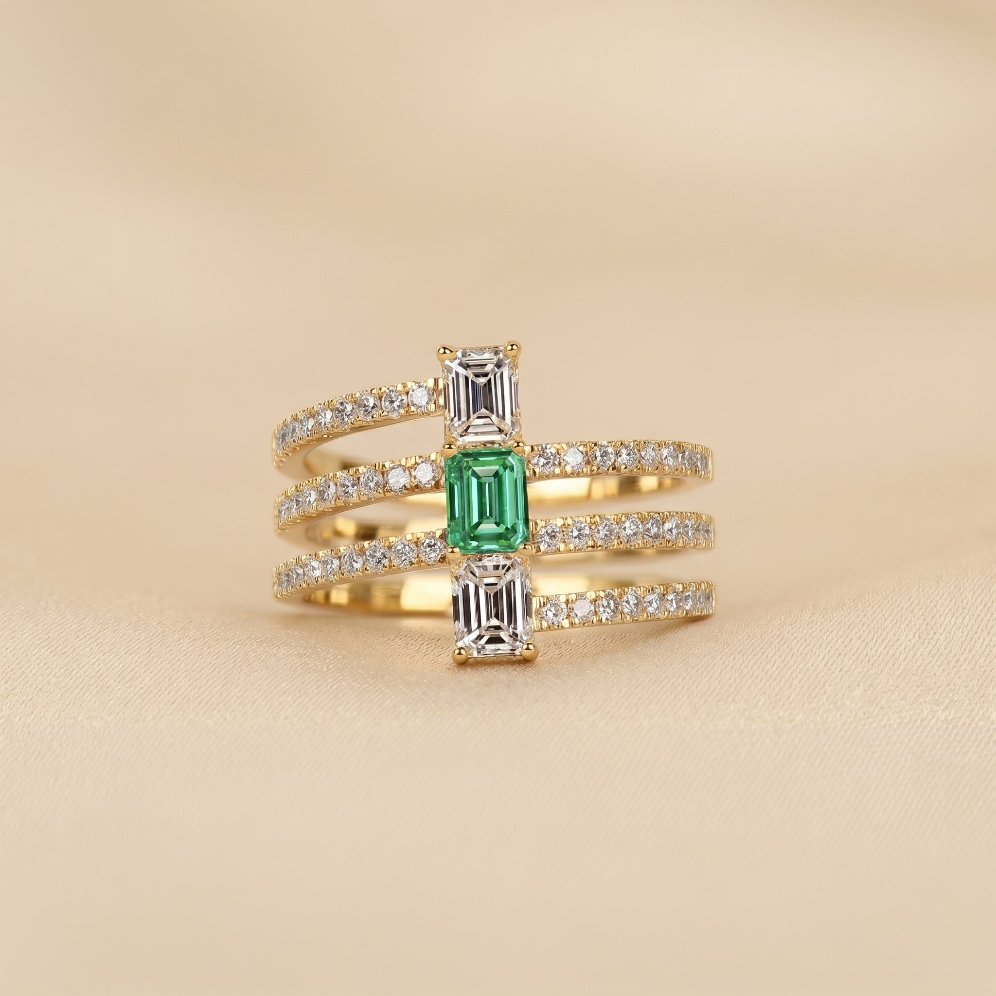 Triple Row Green Emerald Cut Lab Grown Diamond Semi Eternity Ring in 10K Yellow Gold 1.50 CTW
