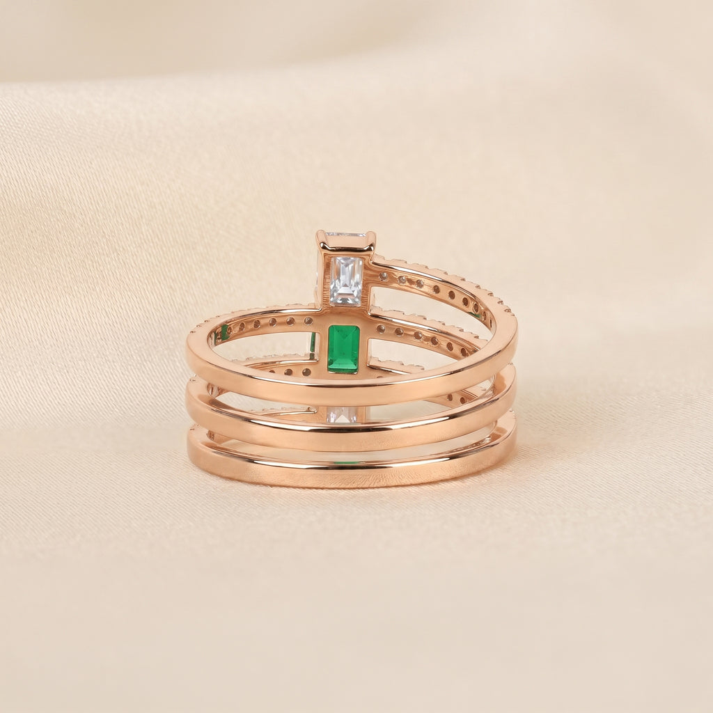 Triple Row Green Emerald Cut Lab Grown Diamond Semi Eternity Ring in 14K Rose Gold 1.50 CTW