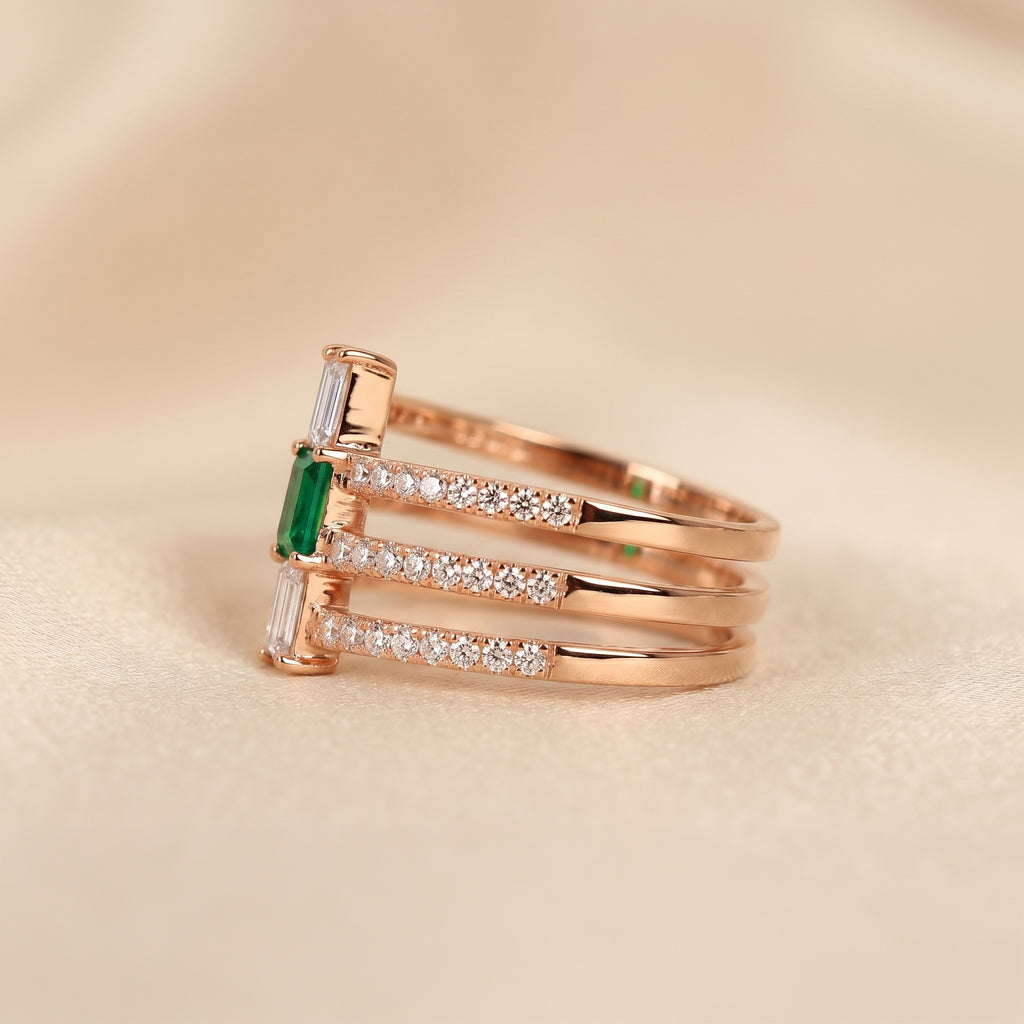 Triple Row Green Emerald Cut Lab Grown Diamond Semi Eternity Ring in 14K Rose Gold 1.50 CTW