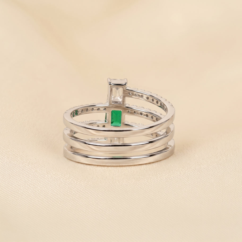 Triple Row Green Emerald Cut Lab Grown Diamond Semi Eternity Ring in 14K White Gold 1.50 CTW