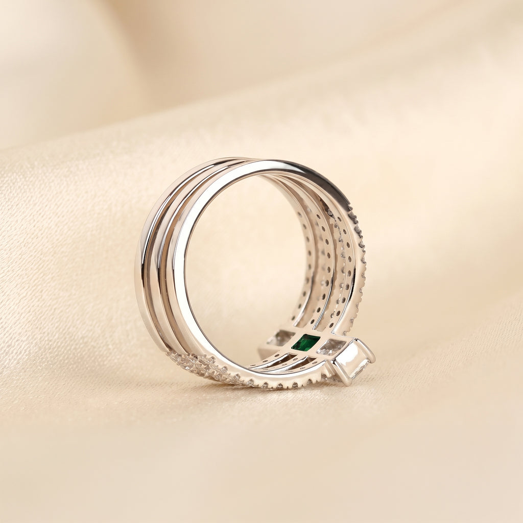 Triple Row Green Emerald Cut Lab Grown Diamond Semi Eternity Ring in 14K White Gold 1.50 CTW