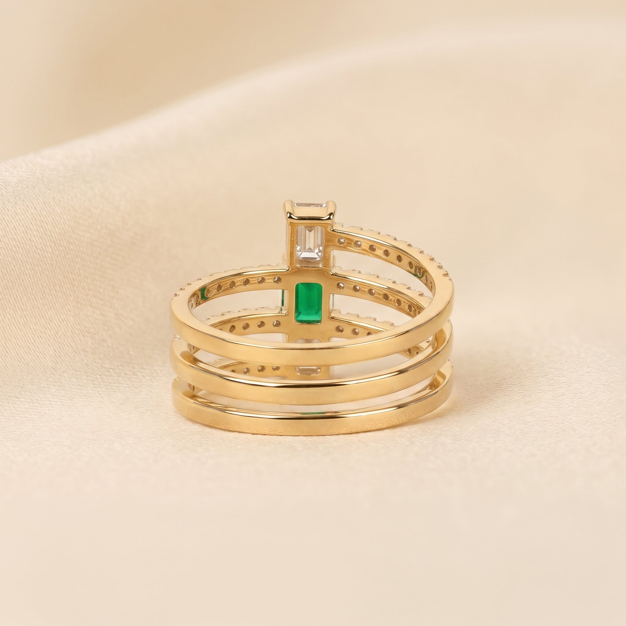 Triple Row Green Emerald Cut Lab Grown Diamond Semi Eternity Ring in 14K Yellow Gold 1.50 CTW
