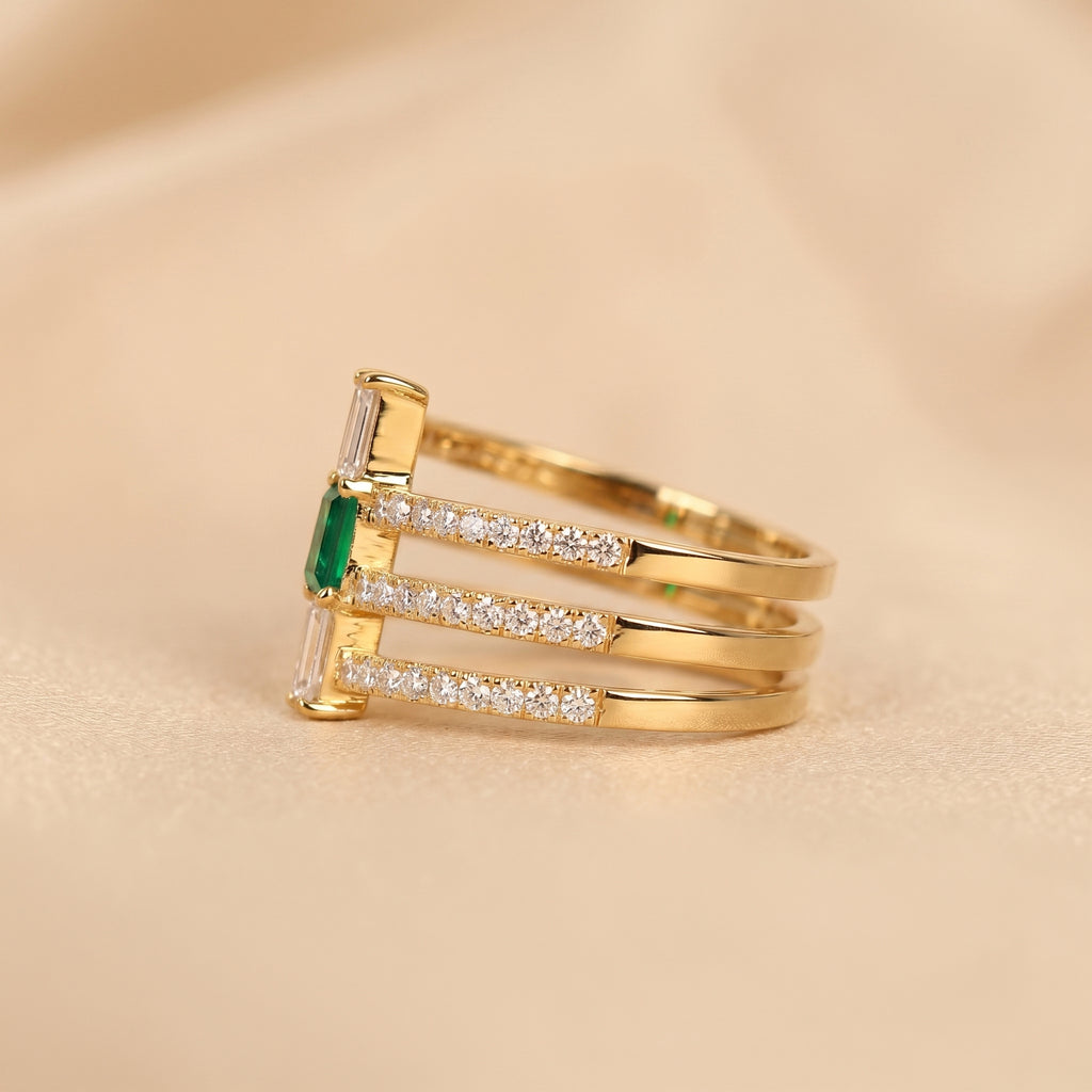Triple Row Green Emerald Cut Lab Grown Diamond Semi Eternity Ring in 14K Yellow Gold 1.50 CTW