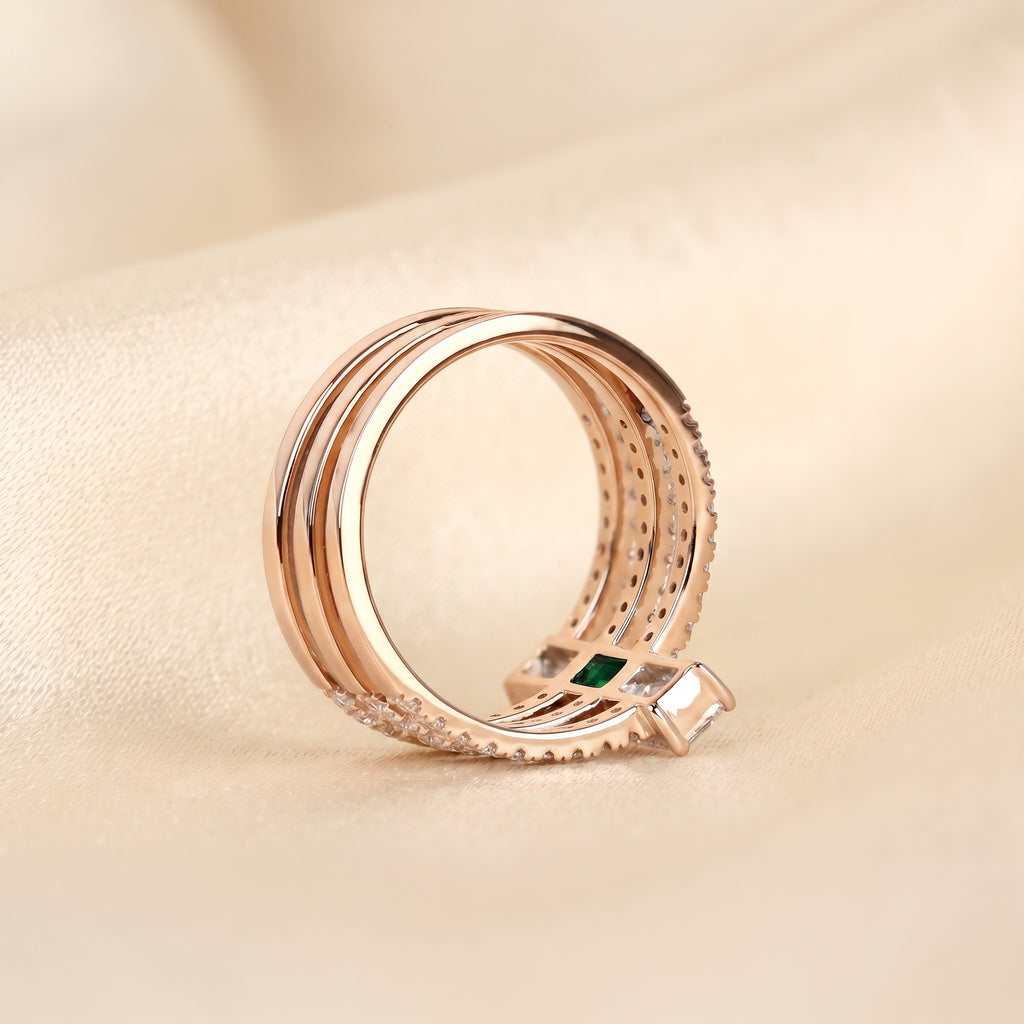 Triple Row Green Emerald Cut Lab Grown Diamond Semi Eternity Ring in 18K Rose Gold 1.50 CTW