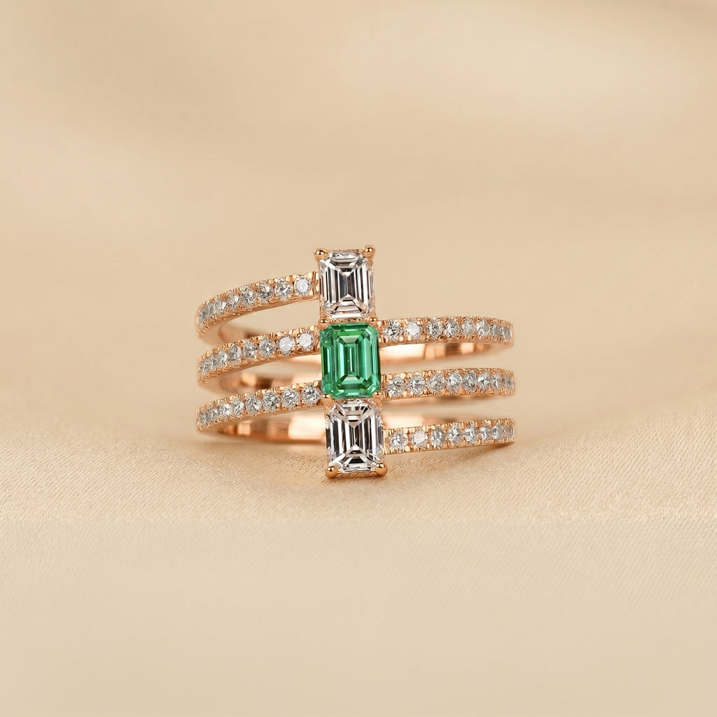 Triple Row Green Emerald Cut Lab Grown Diamond Semi Eternity Ring in 18K Rose Gold 1.50 CTW