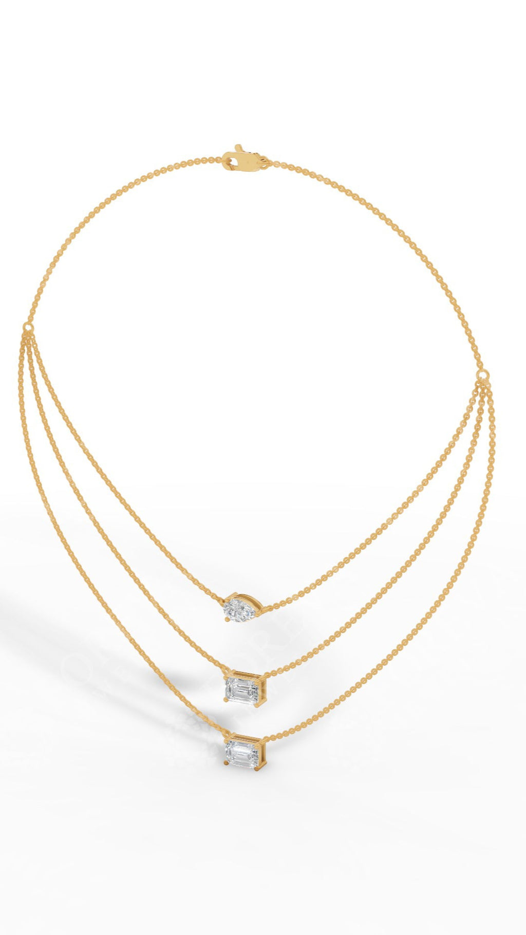 Tripple Layered Necklace In Emerald & Pear Cut Lab Grown Diamond 18k yellow gold