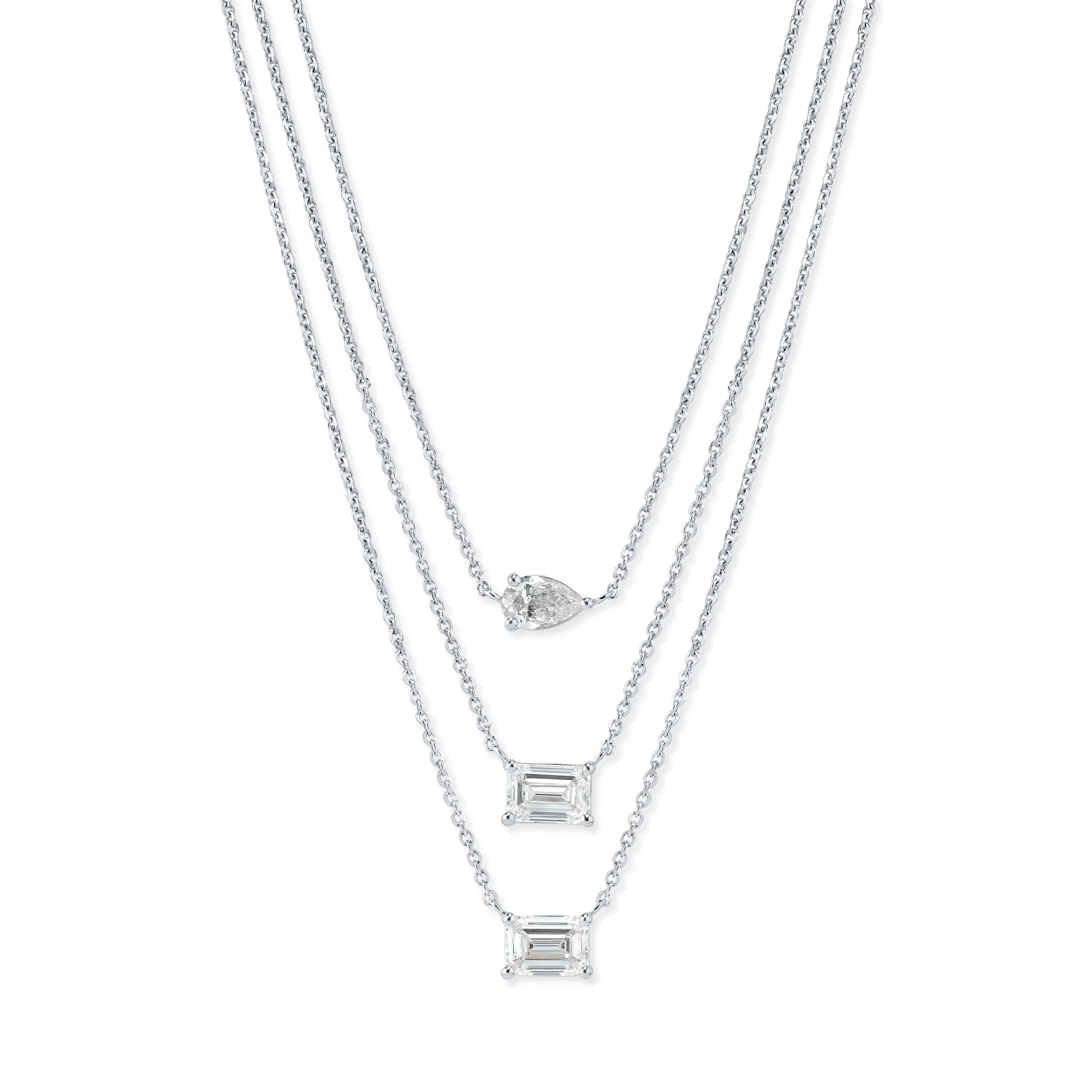 Triple Layered Necklace In Emerald & Pear Cut 18K White Gold 3.8 CTW