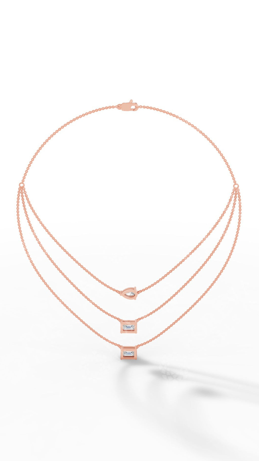Tripple Layered Necklace In Emerald & Pear Cut Lab Grown Diamond rose gold back