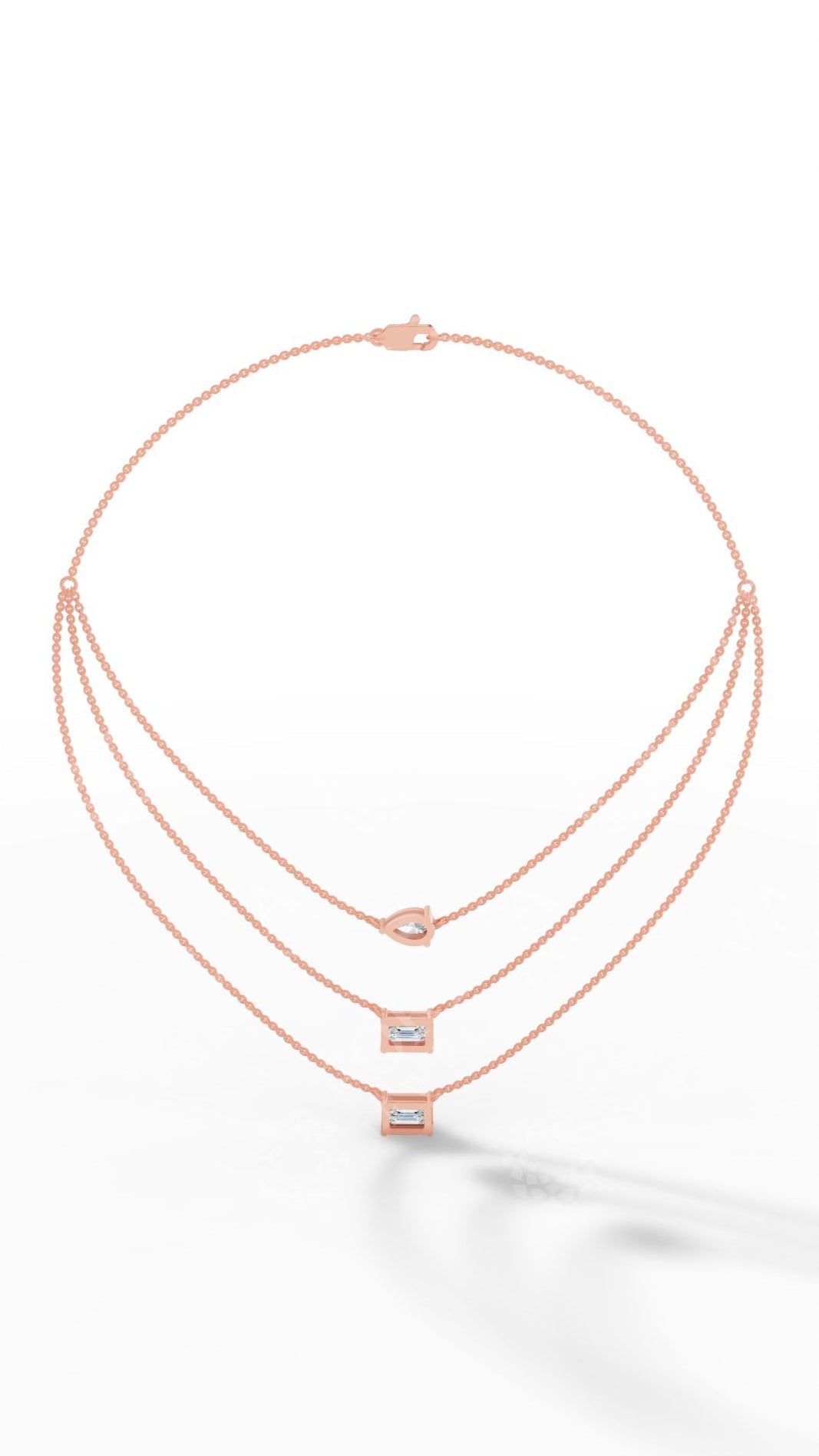Tripple Layered Necklace In Emerald & Pear Cut Lab Grown Diamond rose gold back
