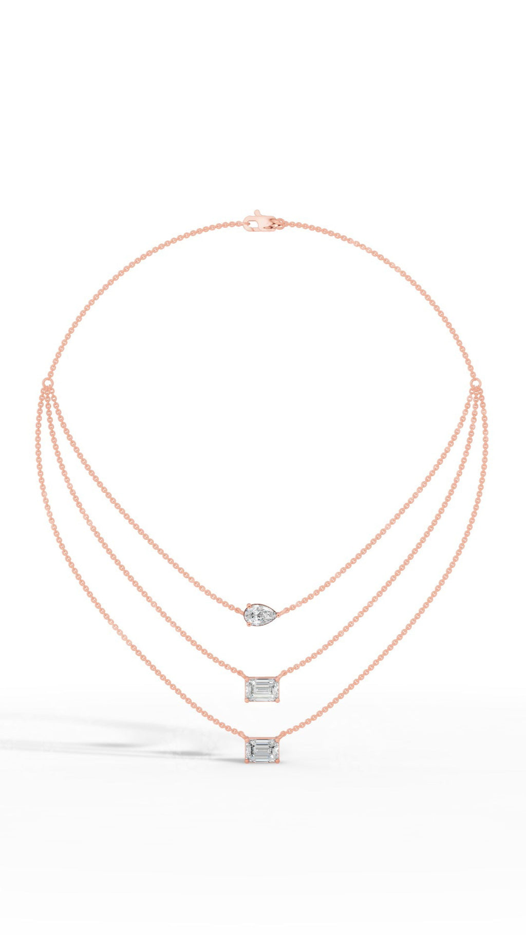 Tripple Layered Necklace In Emerald & Pear Cut Lab Grown Diamond rose gold