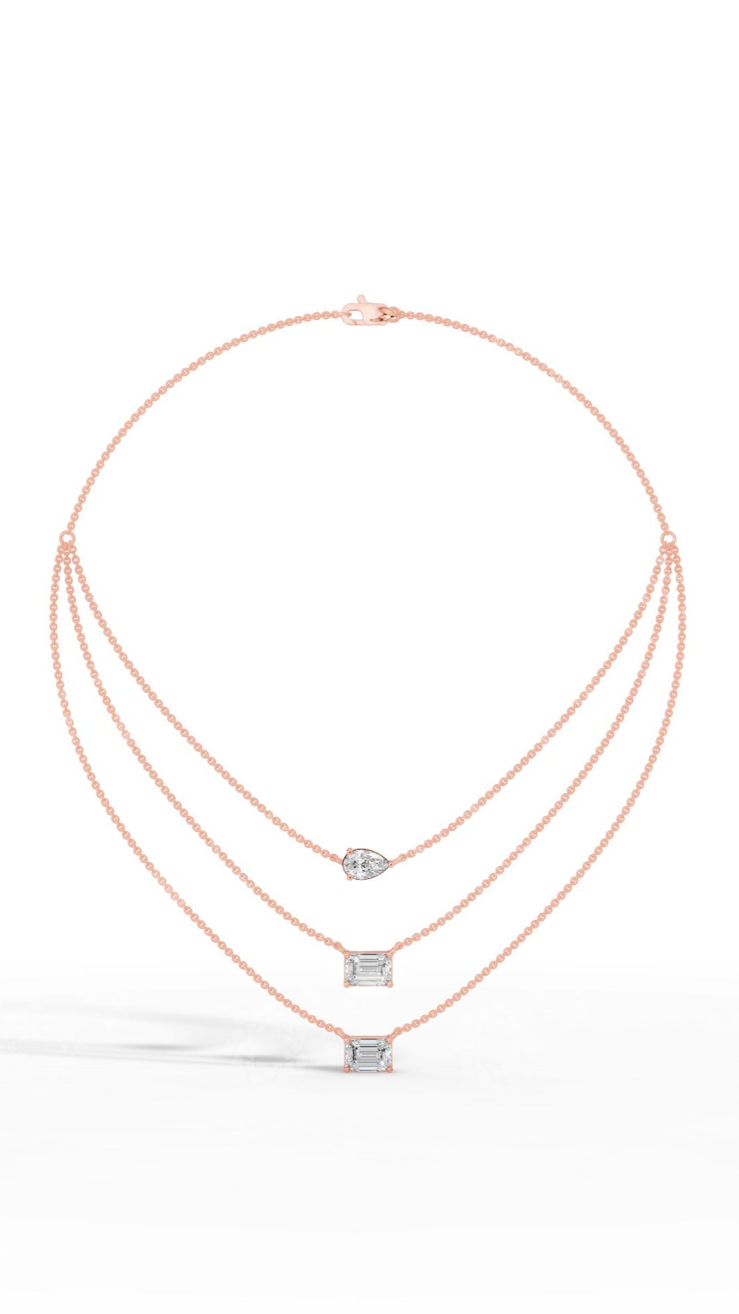 Tripple Layered Necklace In Emerald & Pear Cut Lab Grown Diamond rose gold