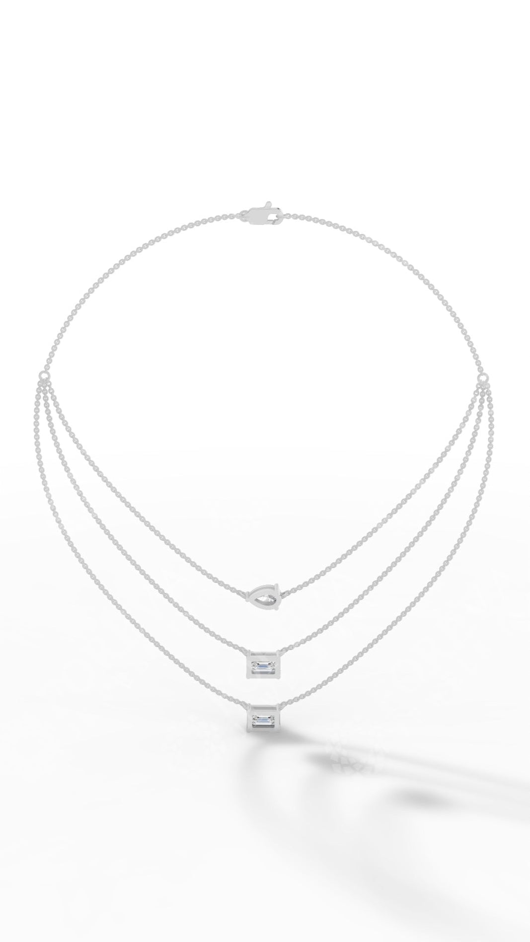 Tripple Layered Necklace In Emerald & Pear Cut Lab Grown Diamond white gold back