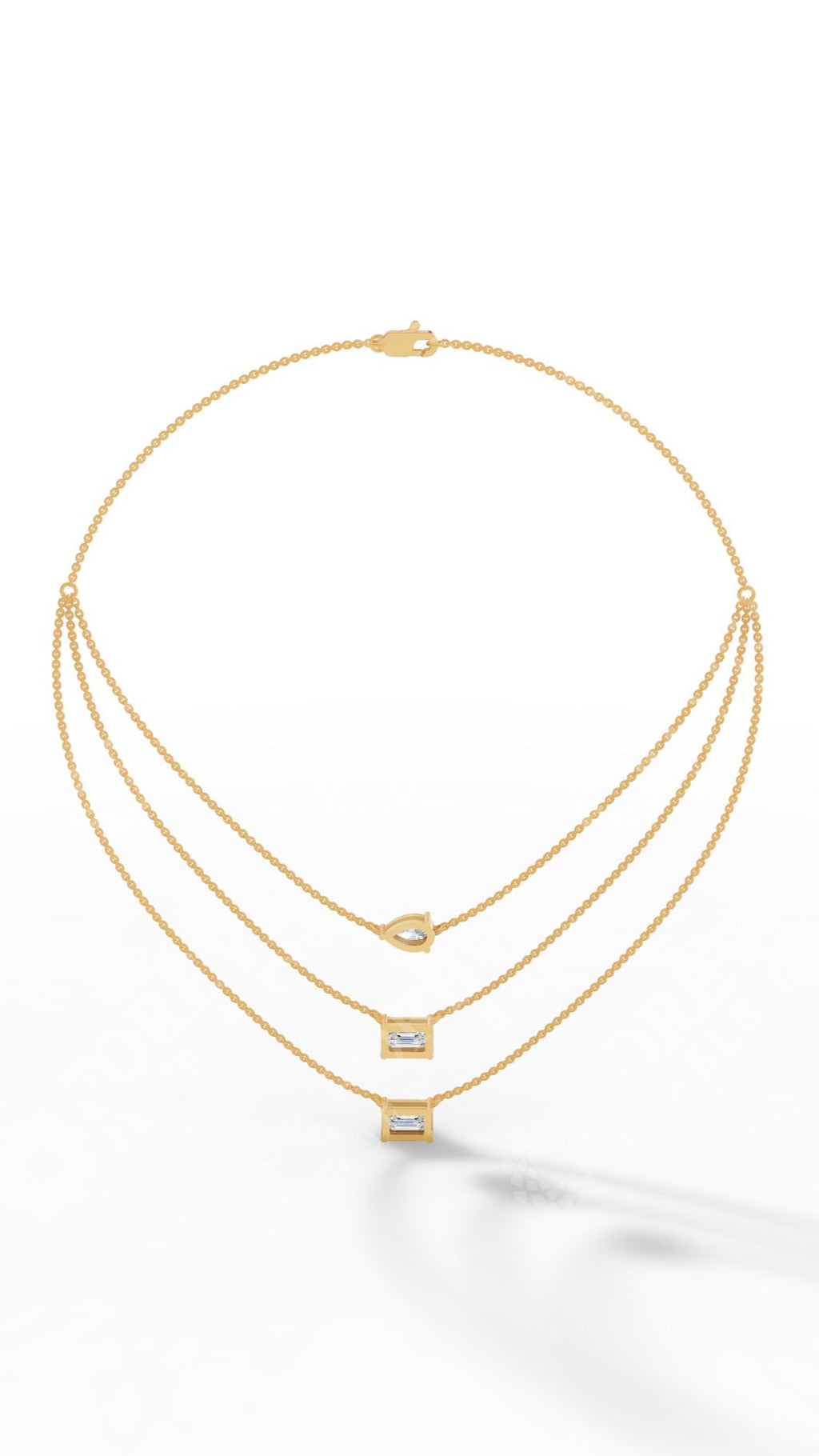Tripple Layered Necklace In Emerald & Pear Cut Lab Grown Diamond yellow gold back