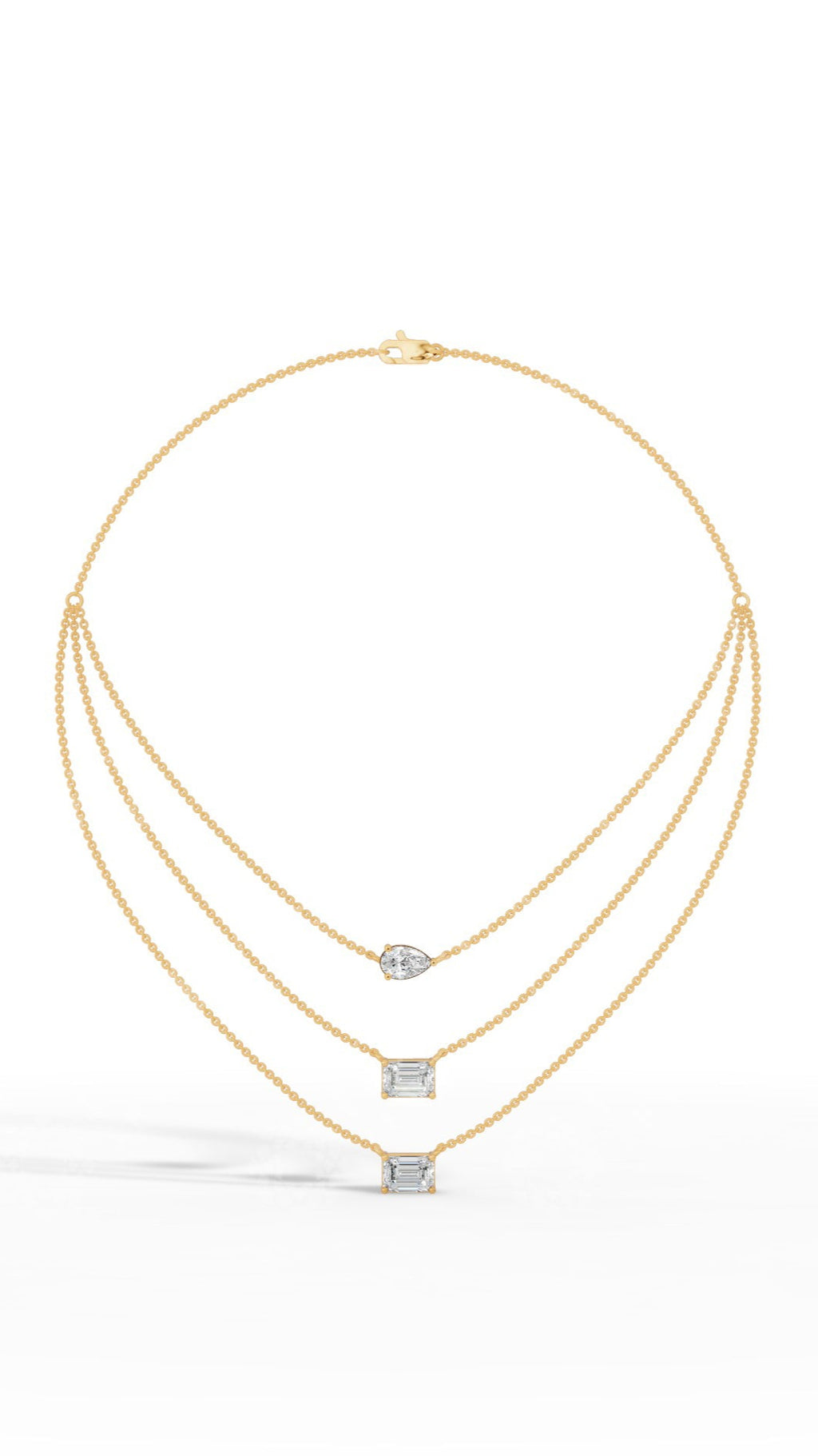 Tripple Layered Necklace In Emerald & Pear Cut Lab Grown Diamond yellow gold