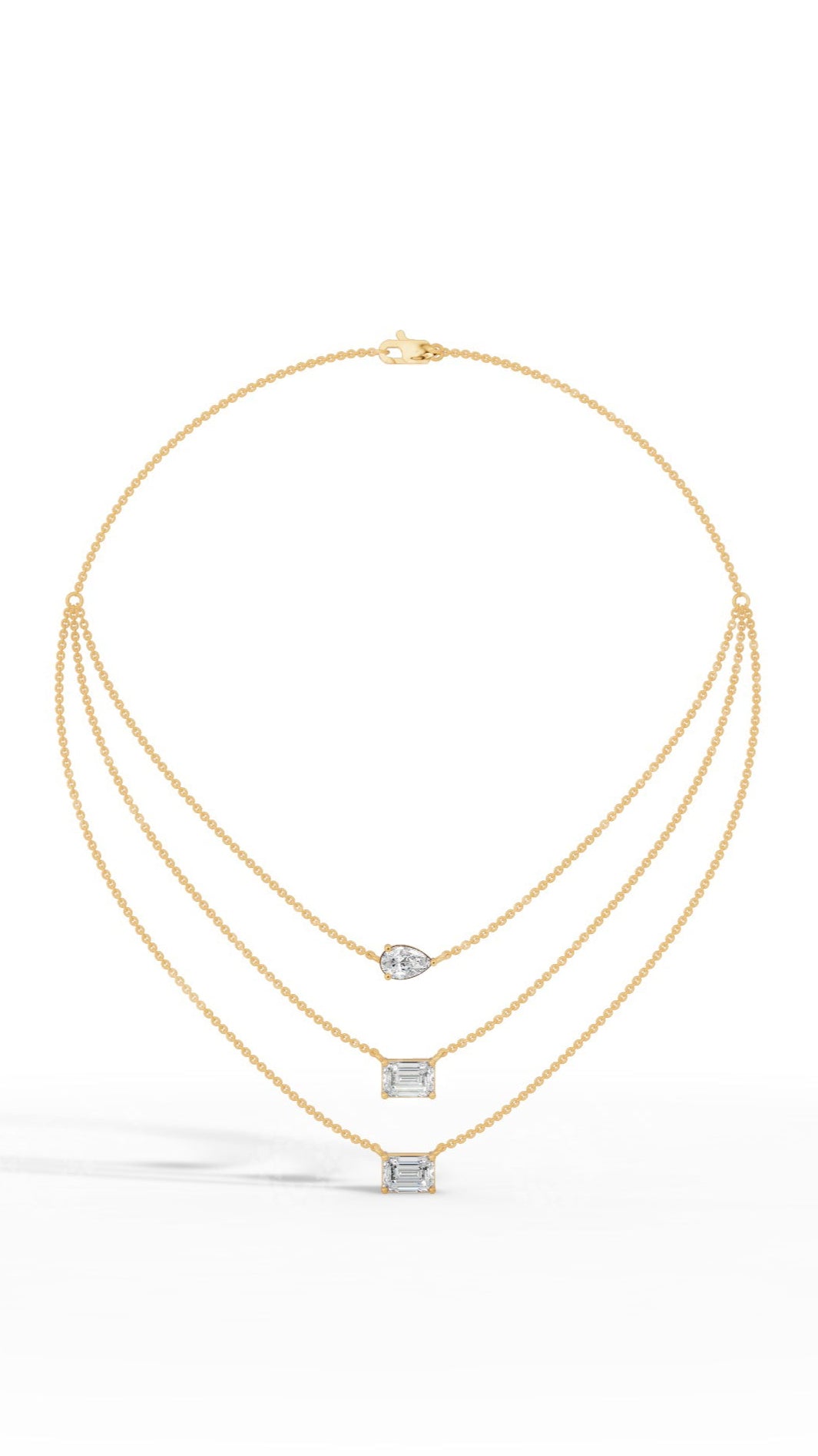 Tripple Layered Necklace In Emerald & Pear Cut Lab Grown Diamond yellow gold