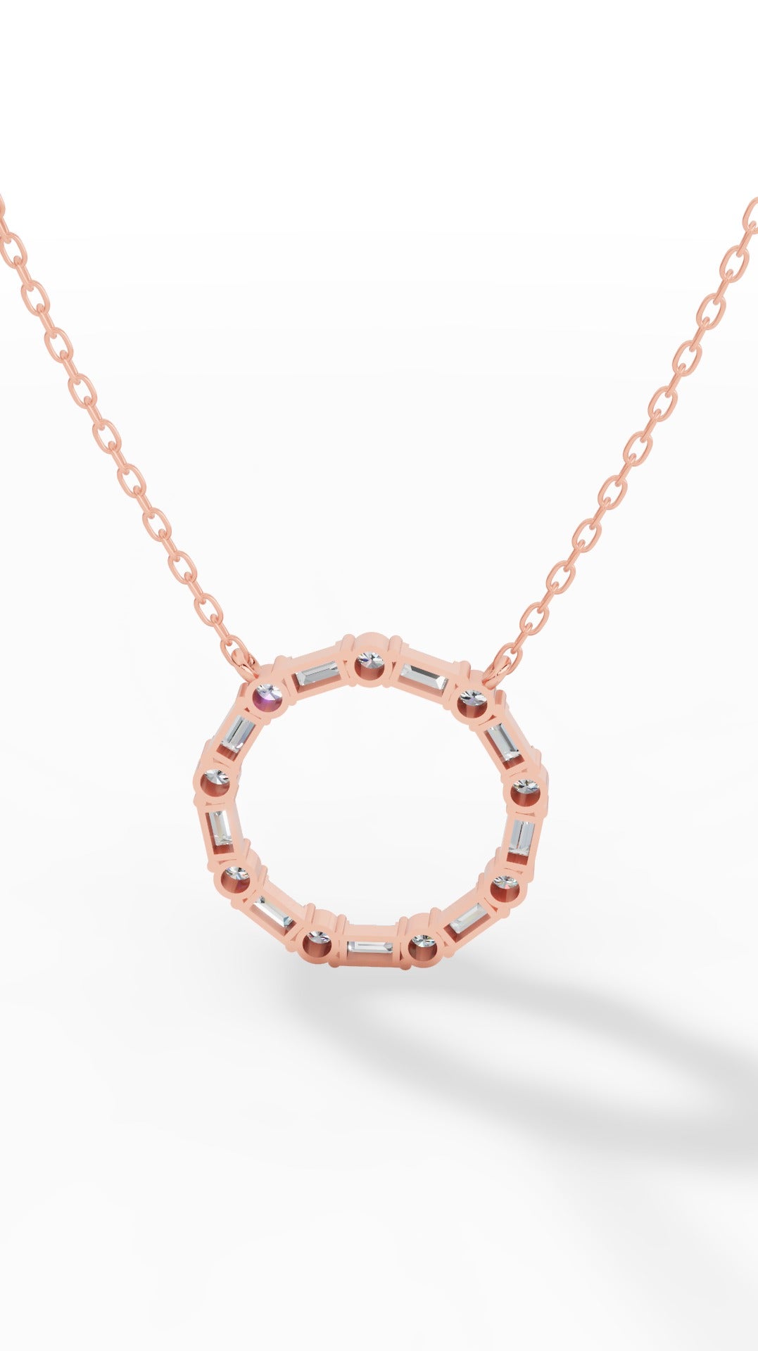 Unity Circle Necklace With Bagguete And Round Cut 10K Rose Gold 1.2 CTW