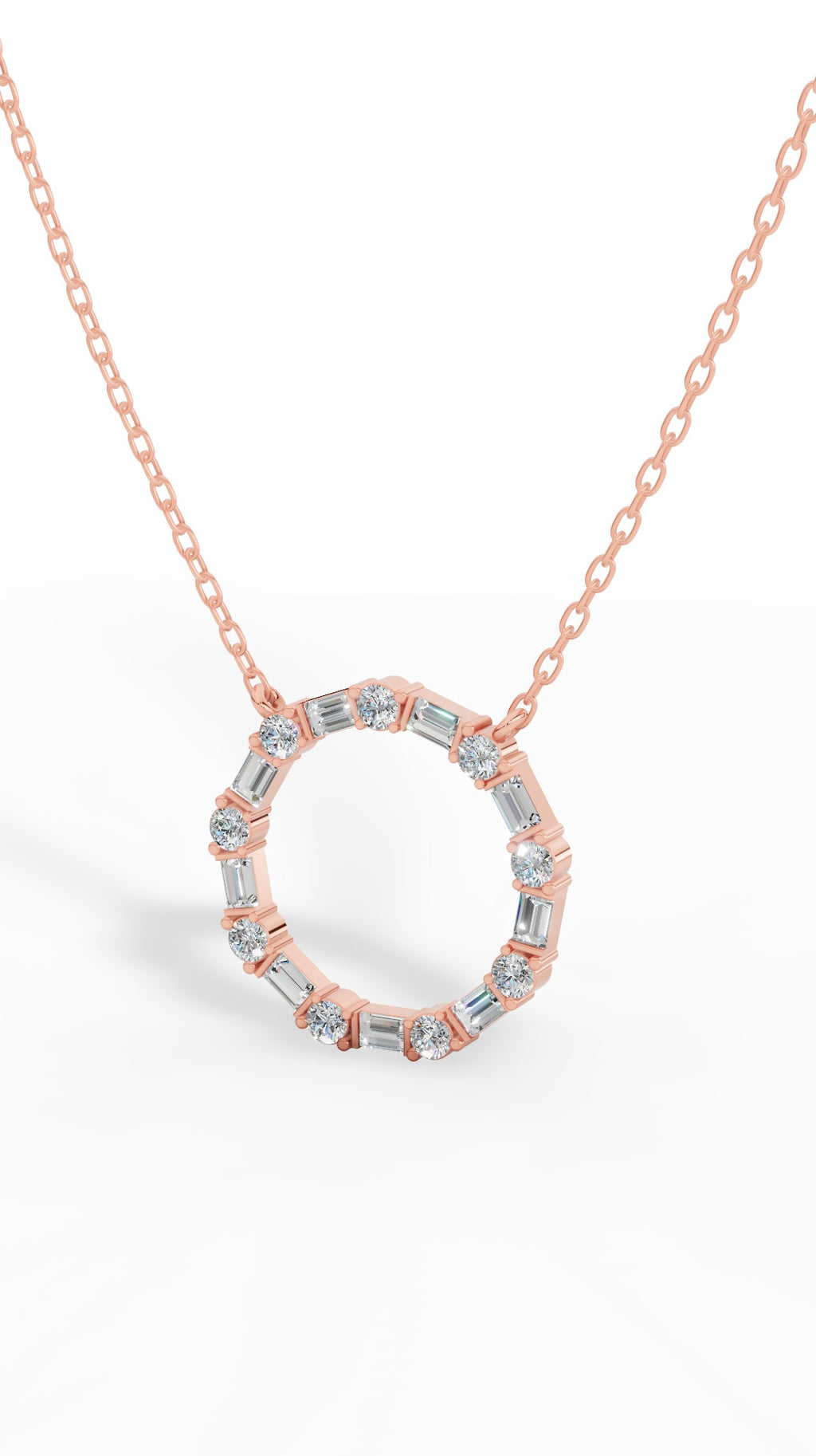 Unity Circle Necklace With Bagguete And Round Cut 10K Rose Gold 1.2 CTW