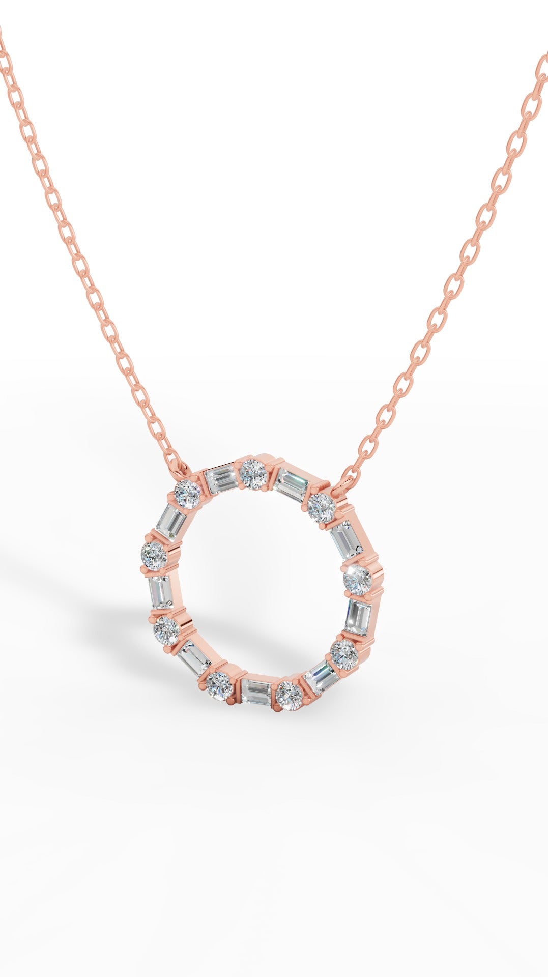 Unity Circle Necklace With Bagguete And Round Cut 10K Rose Gold 1.2 CTW