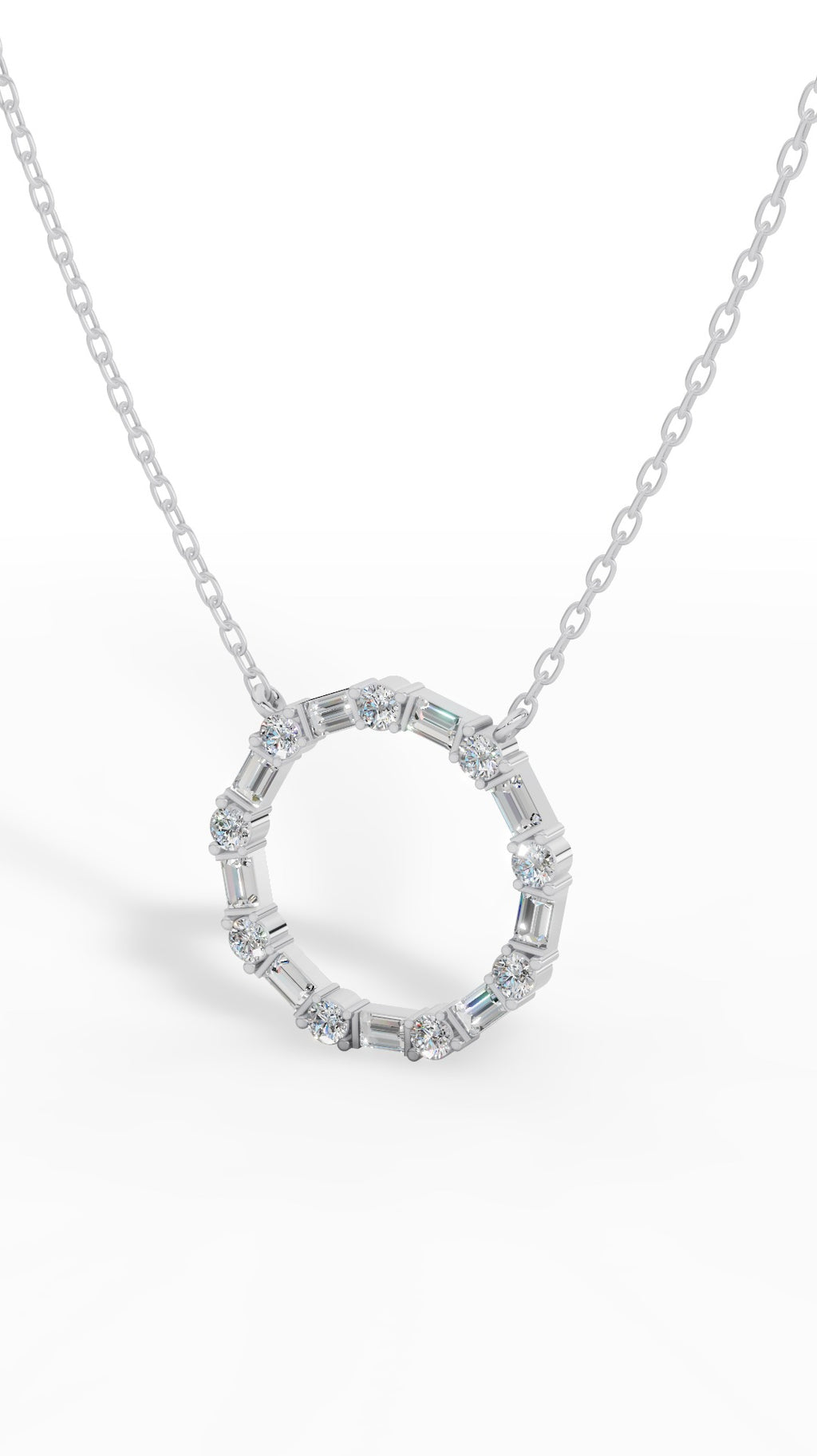 Unity Circle Necklace With Bagguete And Round Cut 10K White Gold 1.2 CTW