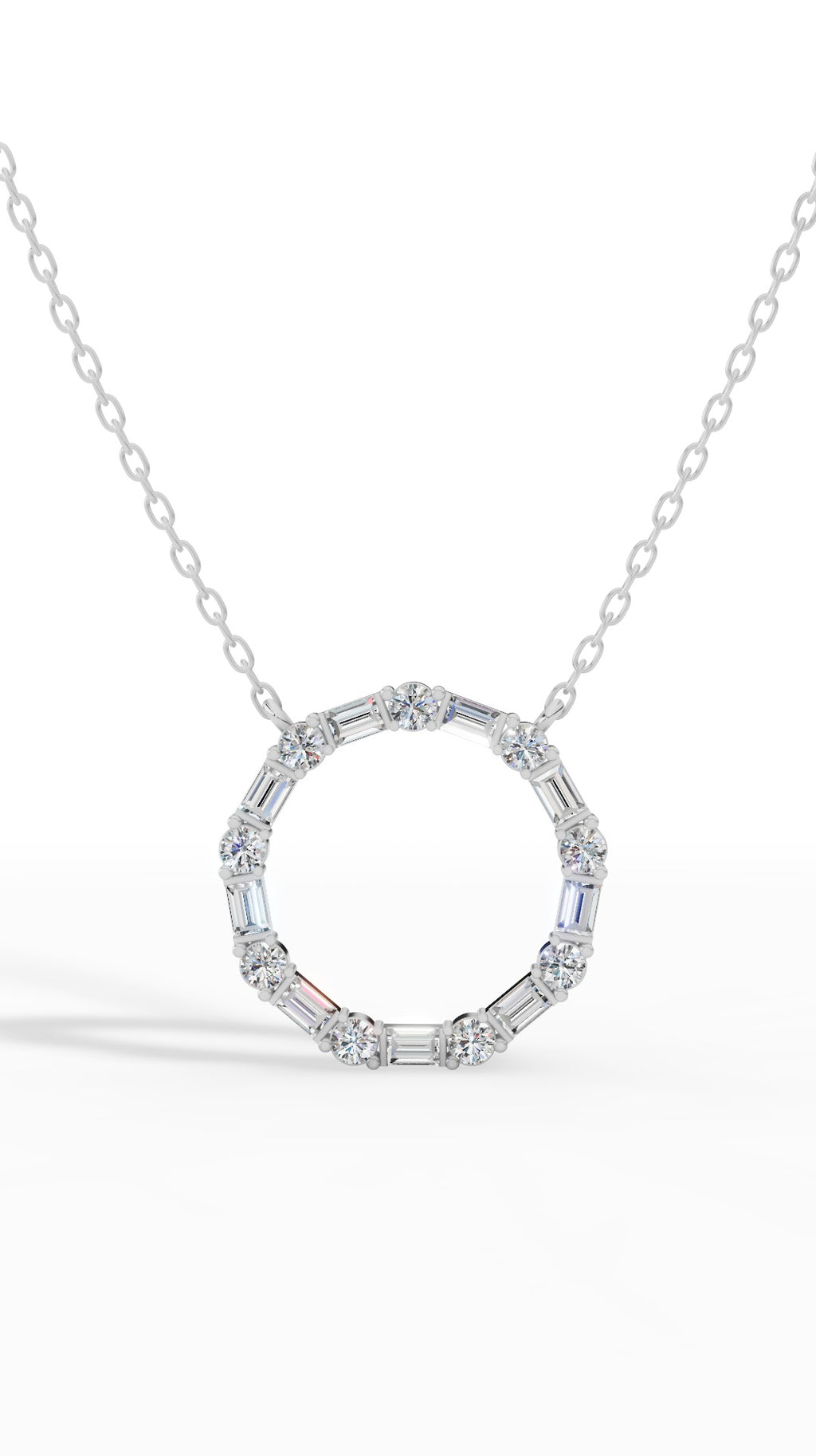 Unity Circle Necklace With Bagguete And Round Cut 10K White Gold 1.2 CTW