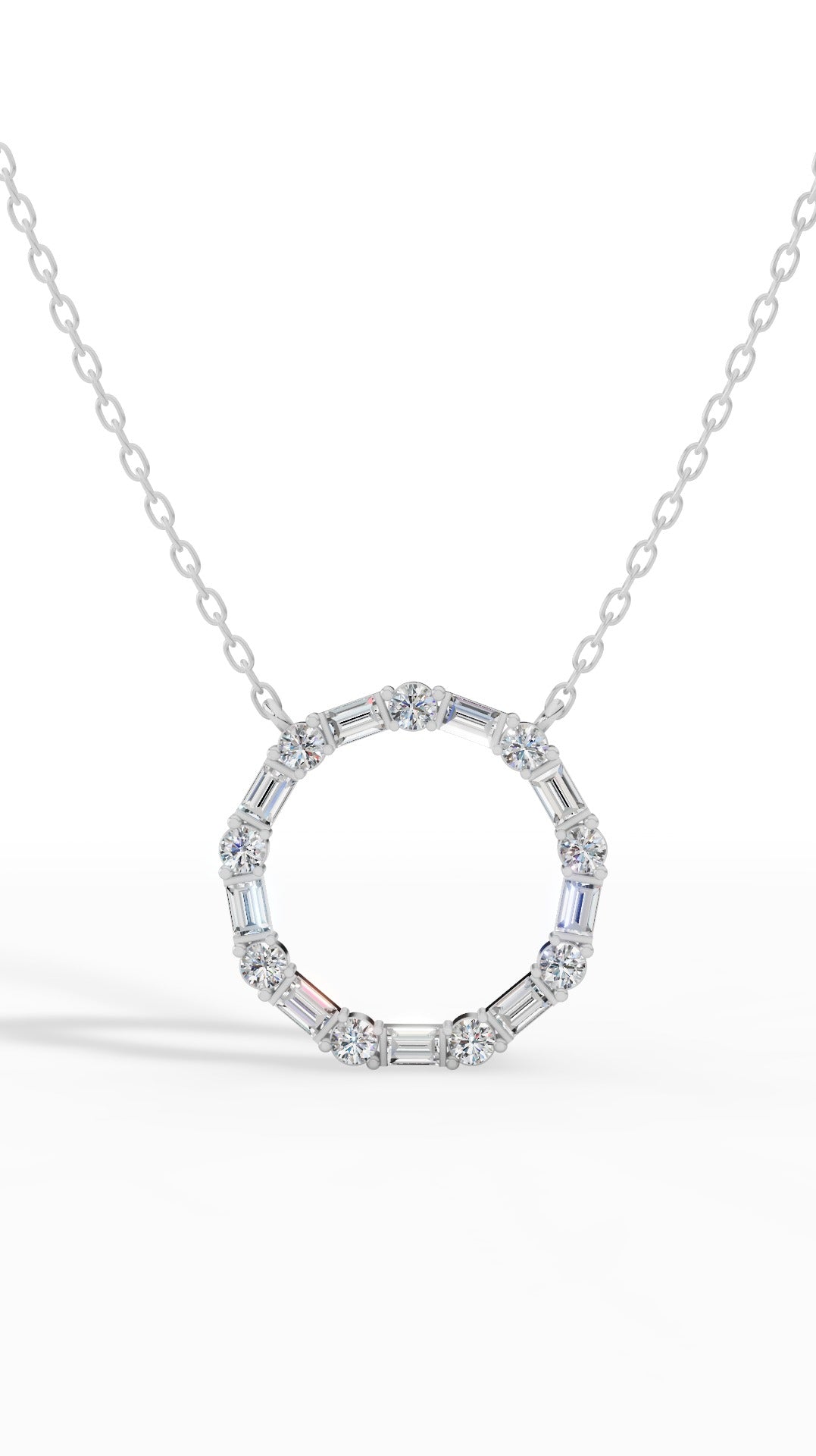 Unity Circle Necklace With Bagguete And Round Cut 10K White Gold 1.2 CTW