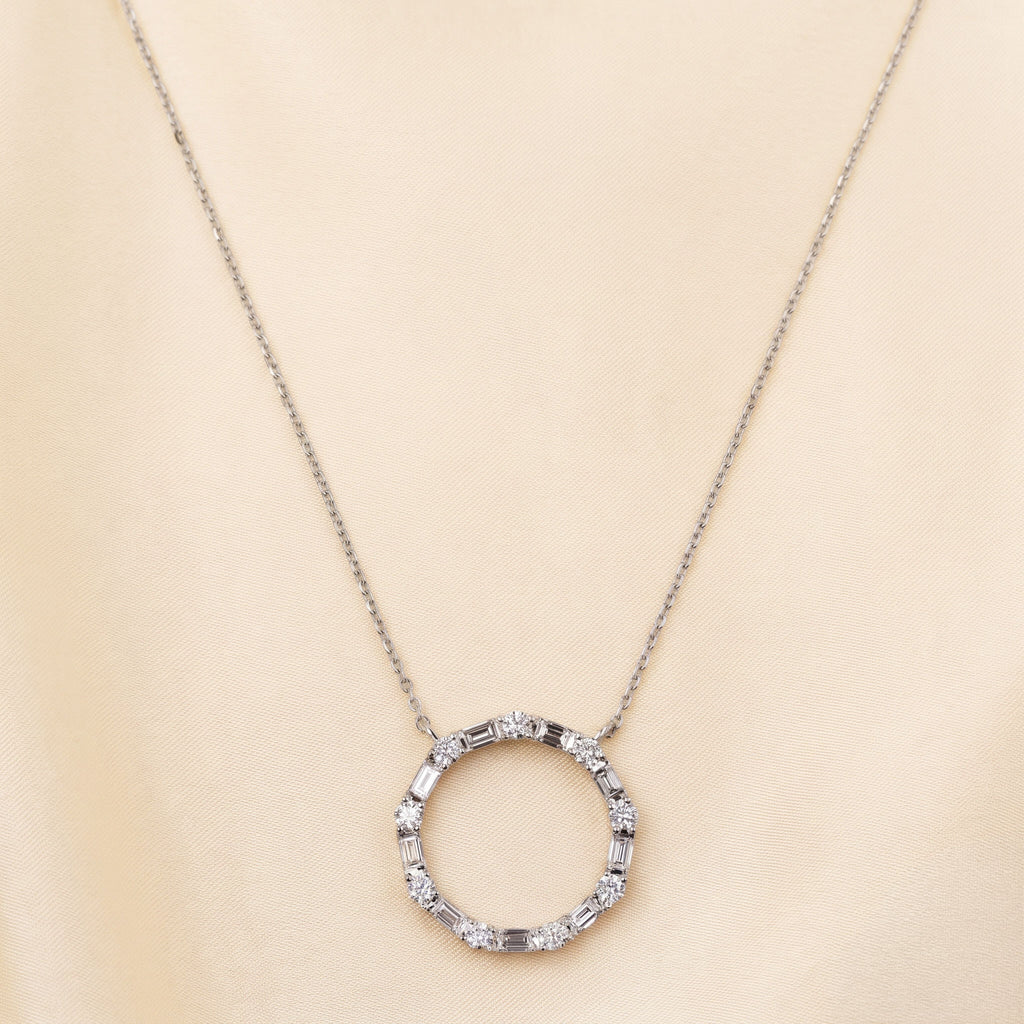 Unity Circle Necklace With Bagguete And Round Cut 10K White Gold 1 CTW