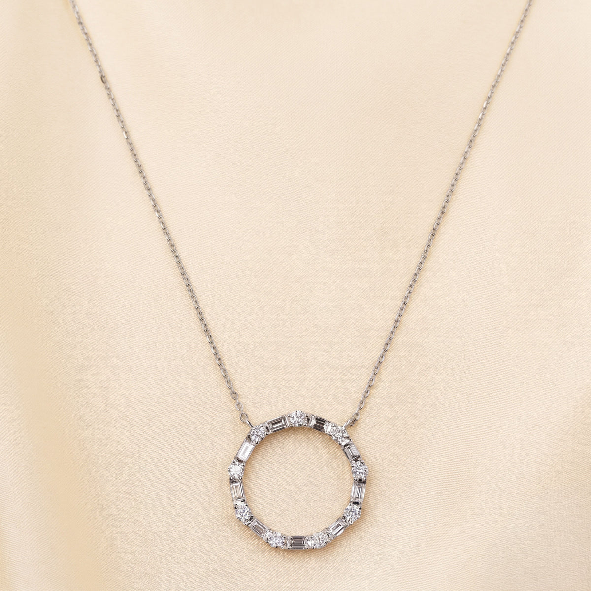 Unity Circle Necklace With Bagguete And Round Cut 10K White Gold 1 CTW