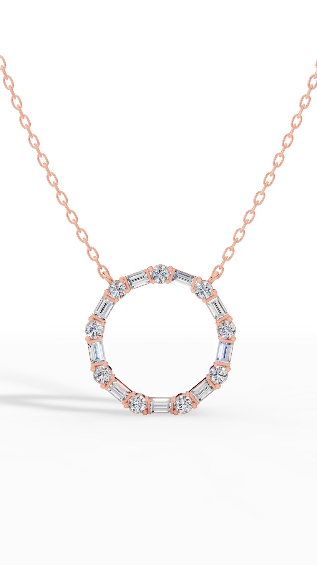 Unity Circle Necklace With Bagguete And Round Cut 14K Rose Gold 1.2 CTW