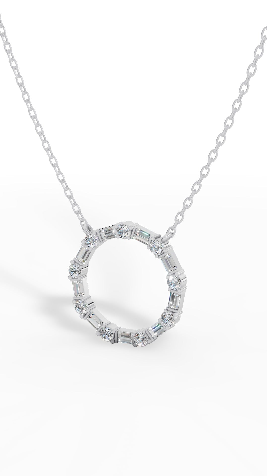 Unity Circle Necklace With Bagguete And Round Cut 14K White Gold 1.2 CTW