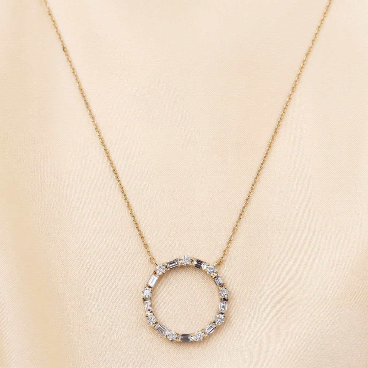 Unity Circle Necklace With Bagguete And Round Cut 14K Yellow Gold 1 CTW