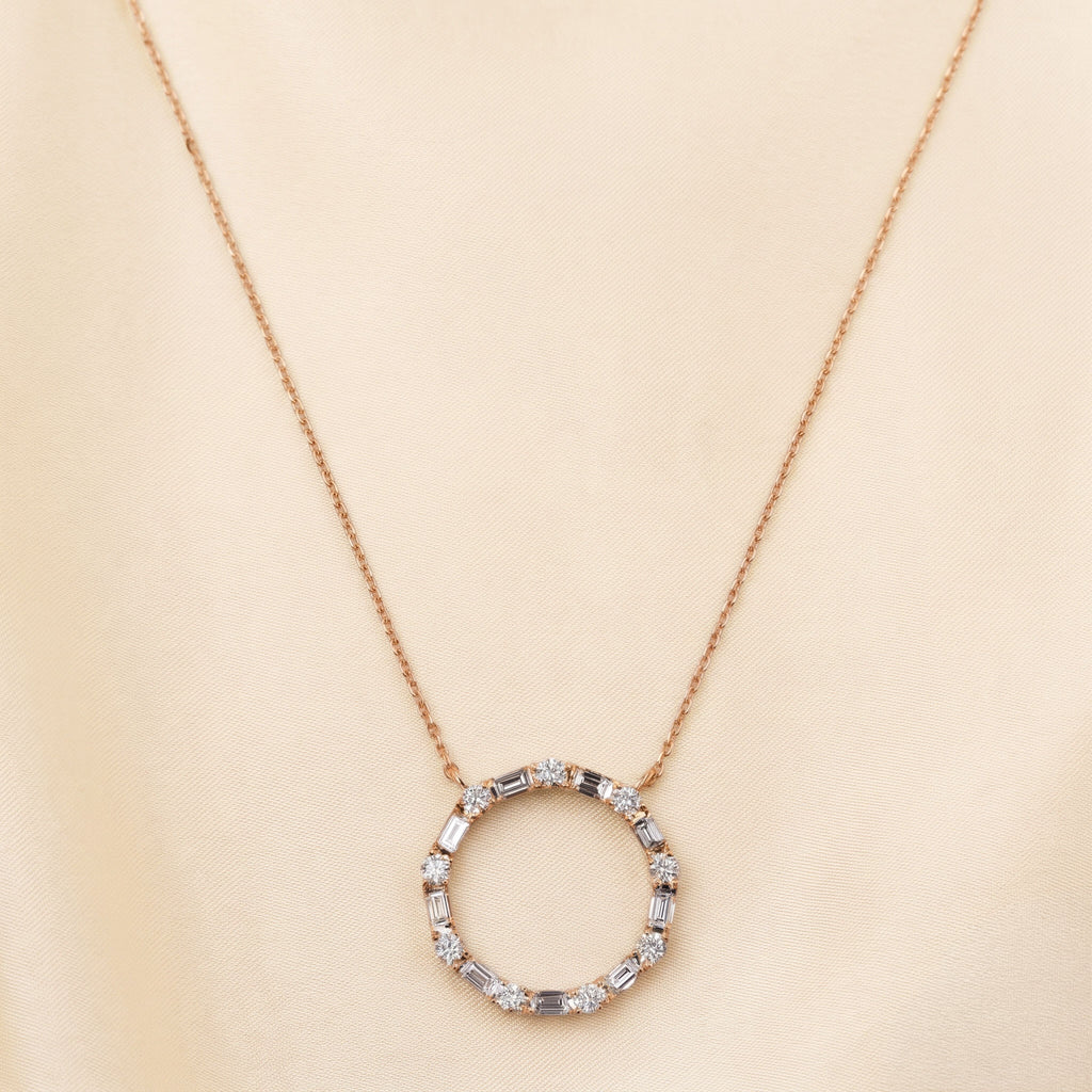 Unity Circle Necklace With Bagguete And Round Cut 18K Rose Gold 1 CTW