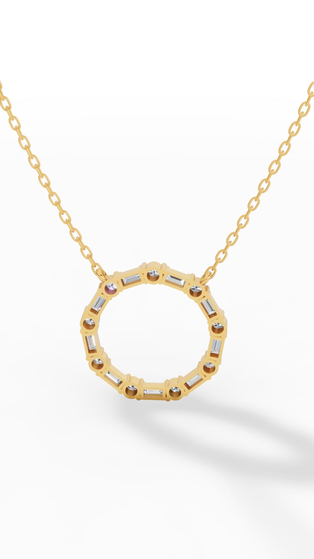 Unity Circle Necklace With Bagguete And Round Cut 18K Yellow Gold 1.2 CTW