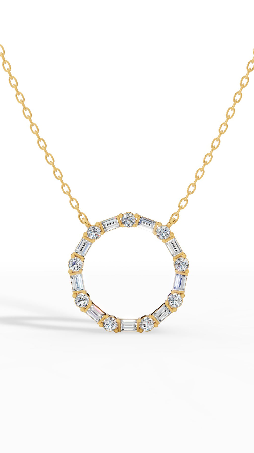 Unity Circle Necklace With Bagguete And Round Cut 18K Yellow Gold 1.2 CTW