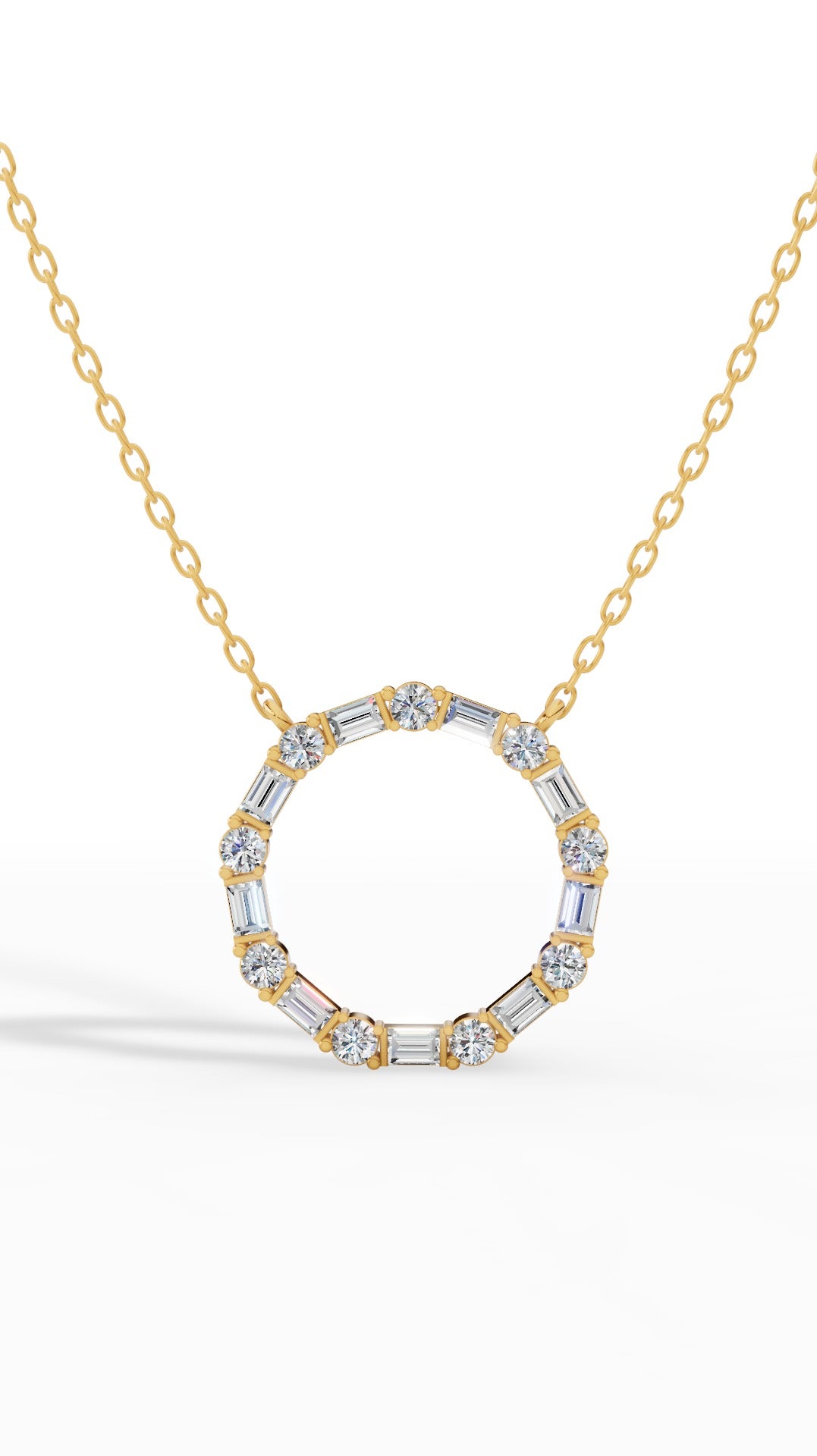 Unity Circle Necklace With Bagguete And Round Cut 18K Yellow Gold 1.2 CTW