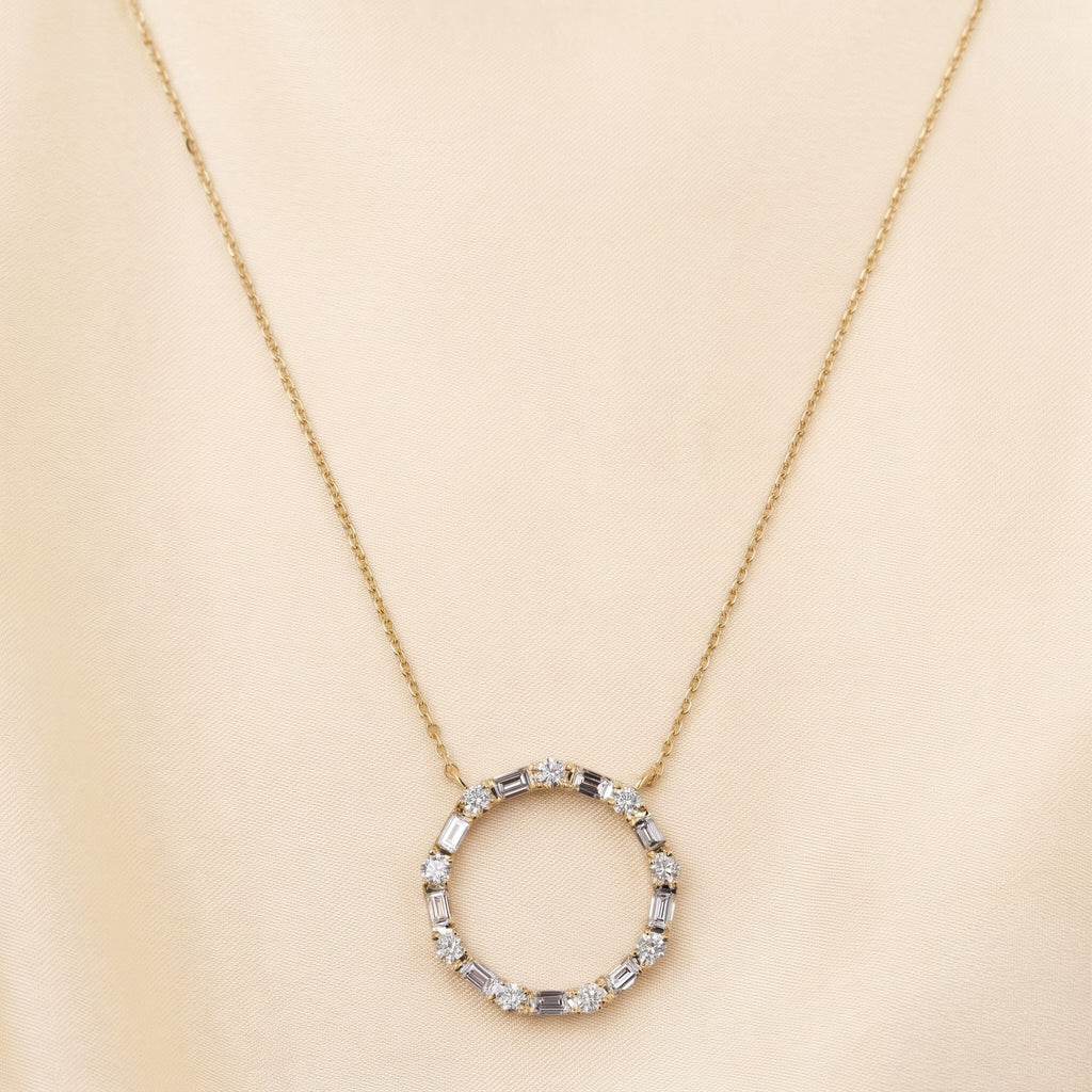 Unity Circle Necklace With Bagguete And Round Cut 18K Yellow Gold 1 CTW