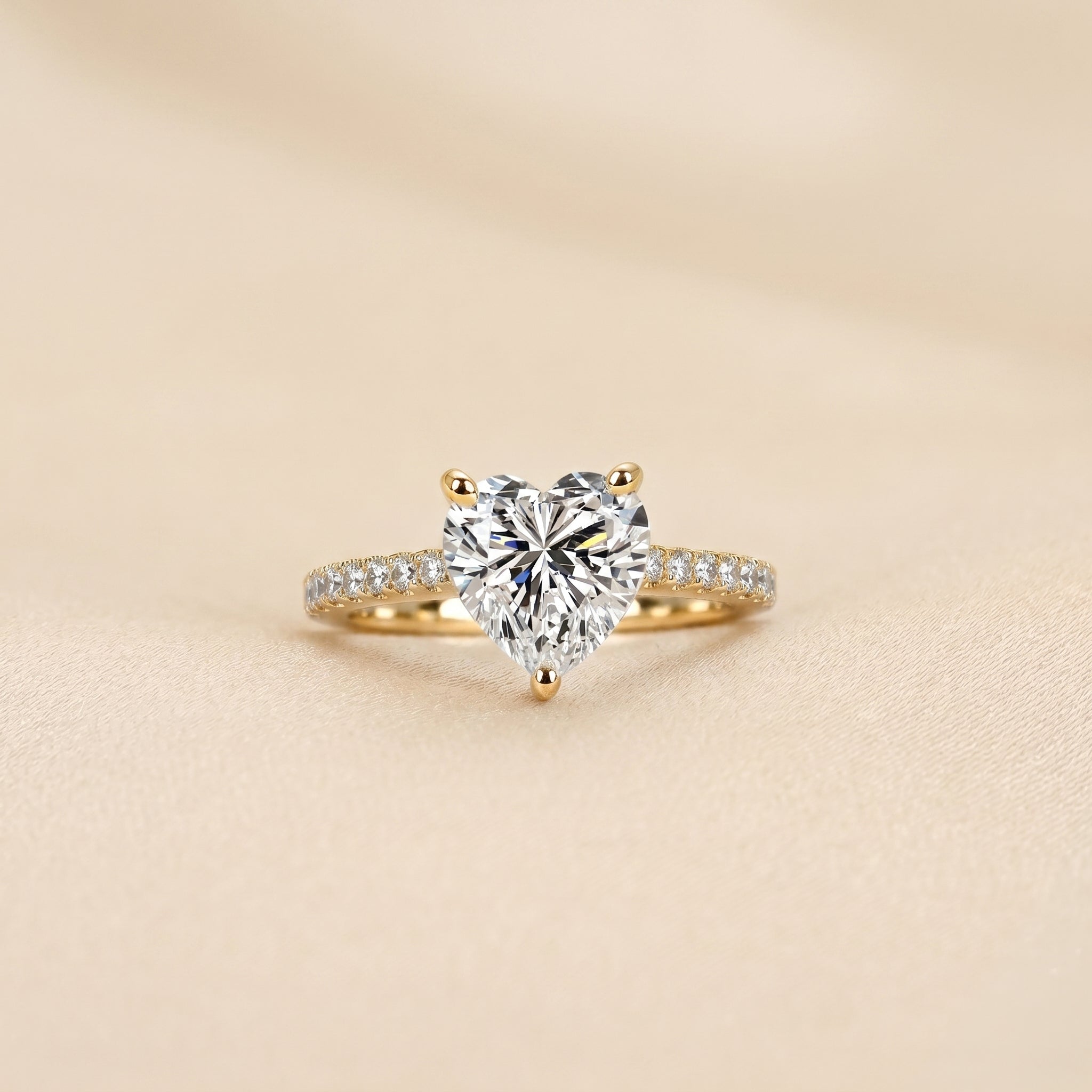 Vintage Heart Lab Grown Diamond Side Stone Ring in 18K Yellow Gold 3.4 CTW