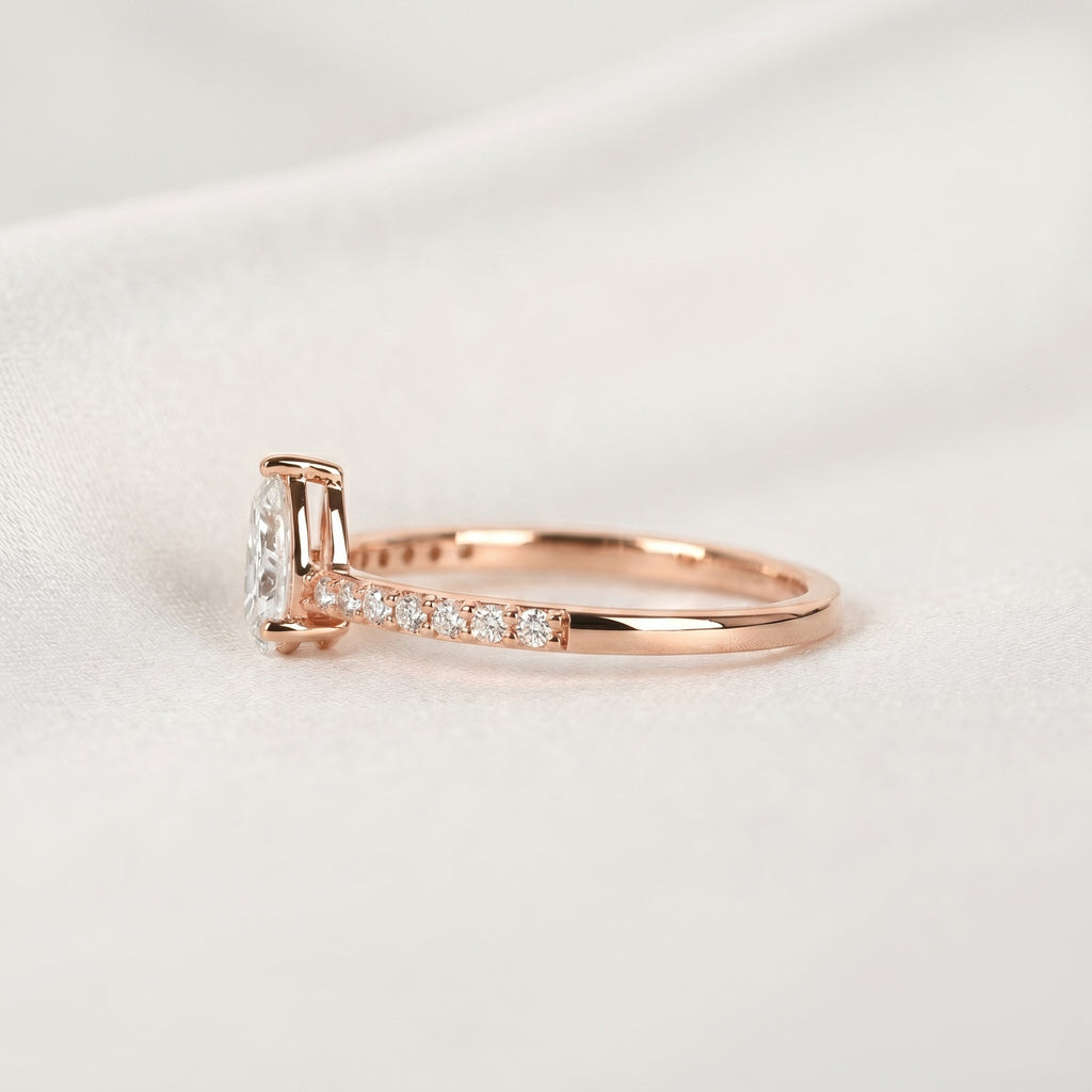 Vintage Pear Lab Grown Diamond Side Stone Ring in 18K Rose Gold 0.68 CTW