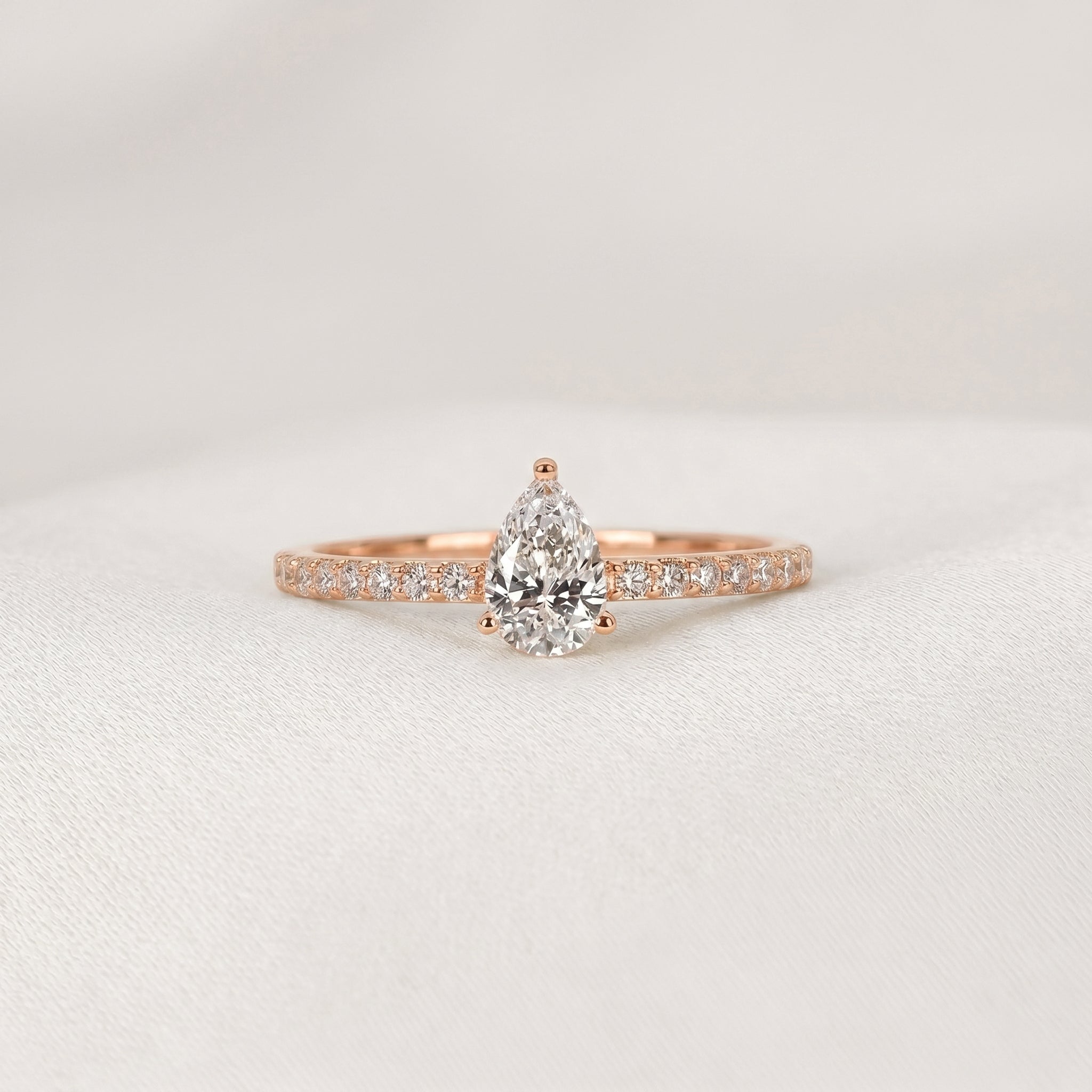Vintage Pear Lab Grown Diamond Side Stone Ring in 18K Rose Gold 0.68 CTW