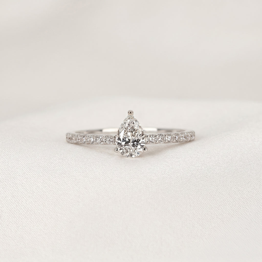 Vintage Pear Lab Grown Diamond Side Stone Ring in 18K White Gold 0.68 CTW