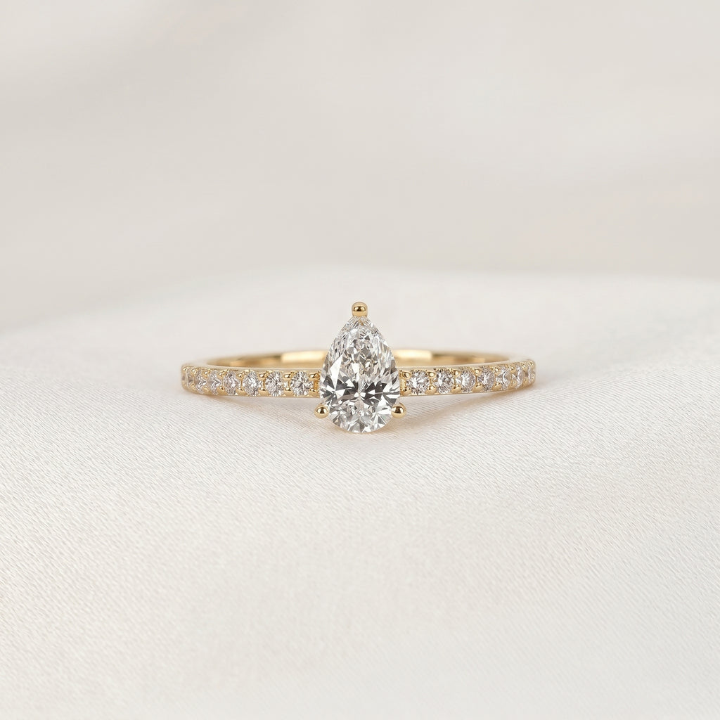 Vintage Pear Lab Grown Diamond Side Stone Ring in 18K Yellow Gold 0.68 CTW