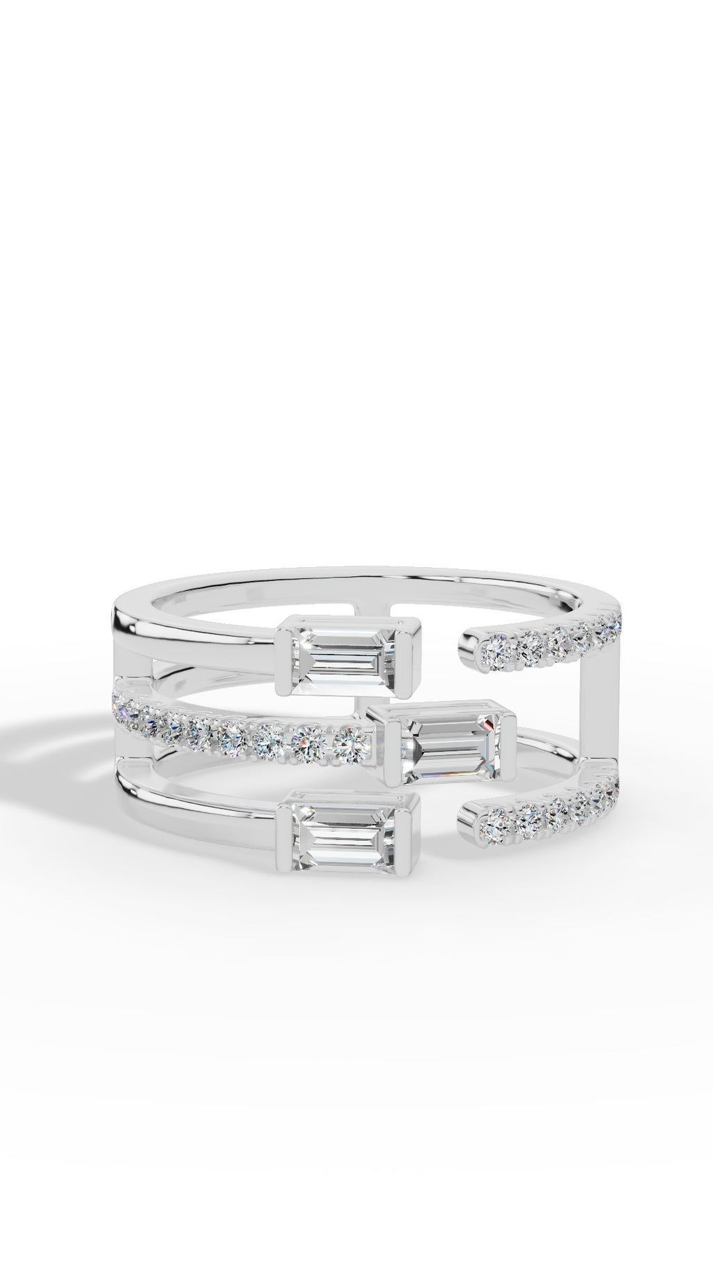 Waterfall Ring In Baguette & Brilliant Round Cut Stones 14K White Gold 0.77 CTW